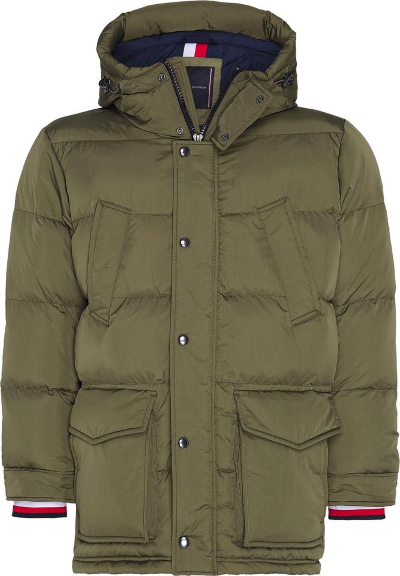 TOMMY HILFIGER Ilga žieminė striukė  alyvuogių spalva / balta / raudona / tamsiai mėlyna jūros spalva