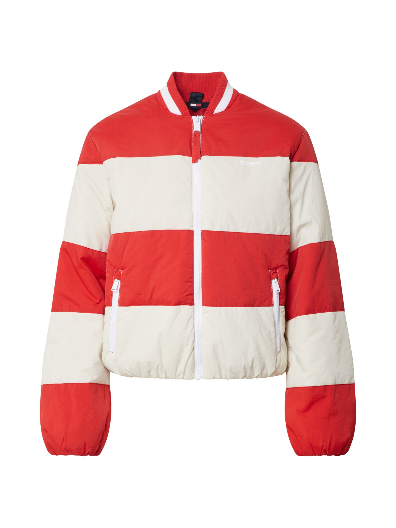 Tommy Jeans Demisezoninė striukė 'TJW COLORBLOCK TRACK'  raudona / balta