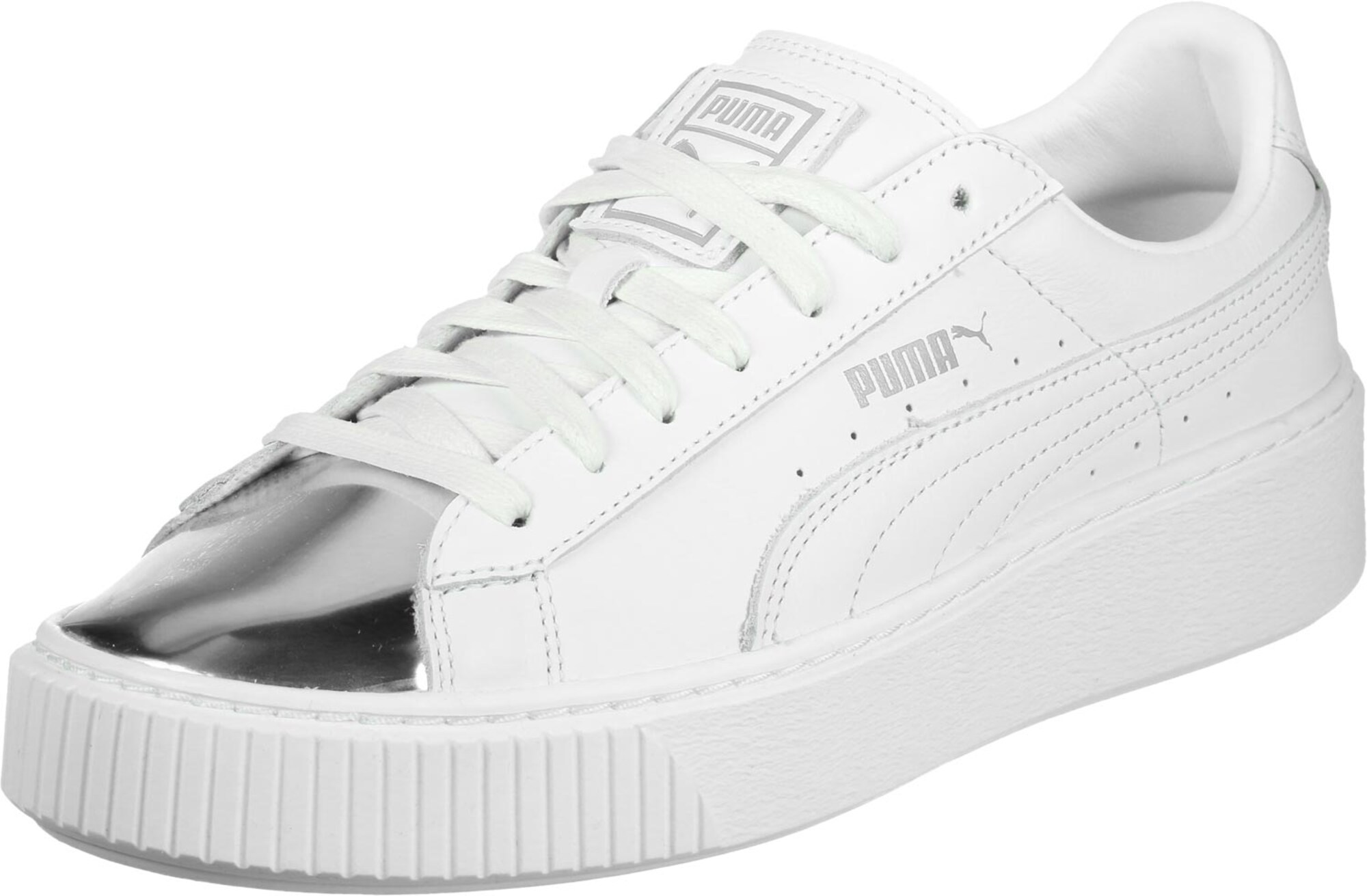 Puma Dames Sneakers Laag Basket Platform Metallic Zilver Wit puma kopen in de aanbieding