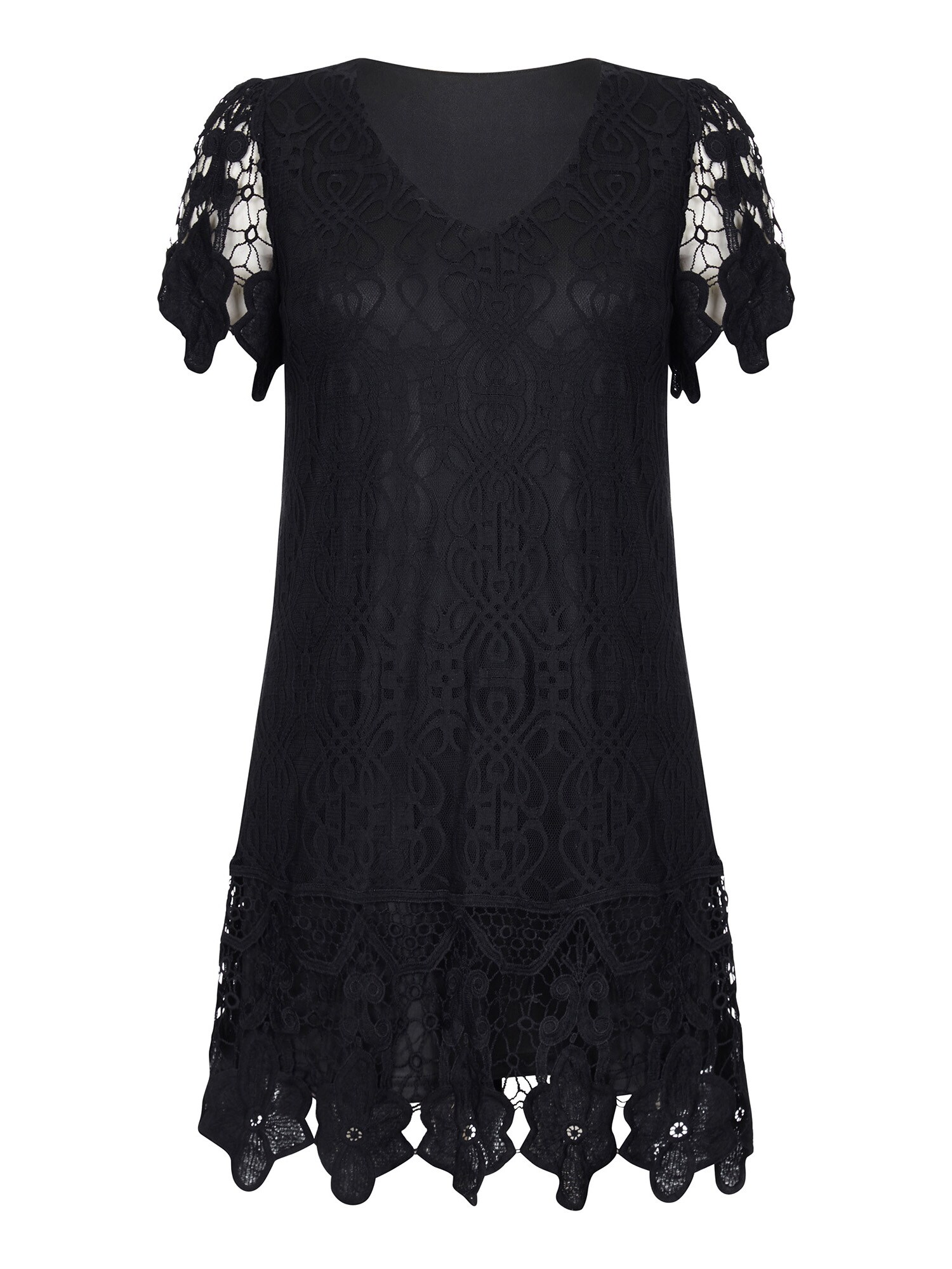 Mela London Dames Cocktailjurk V Neck Border Lace Dress Zwart mela london kopen in de aanbieding