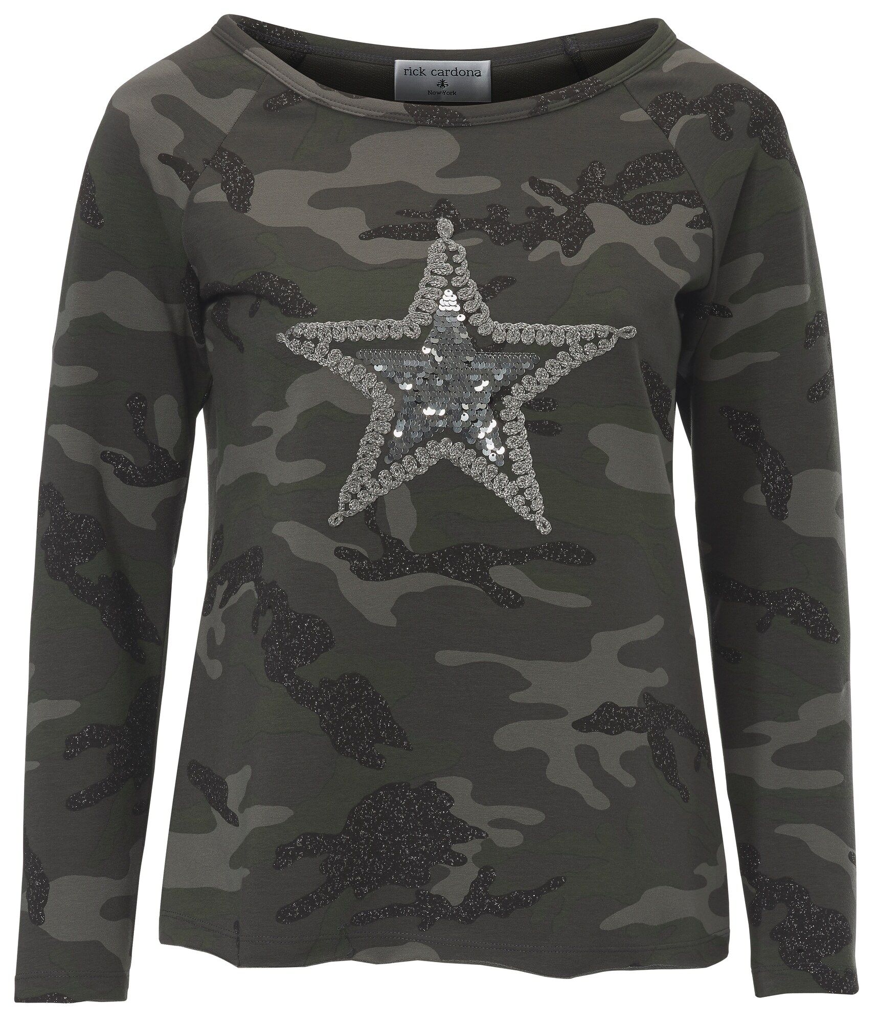 Rick Cardona By Heine Sweatshirt mit Paillettenstern grau / oliv / schwarz