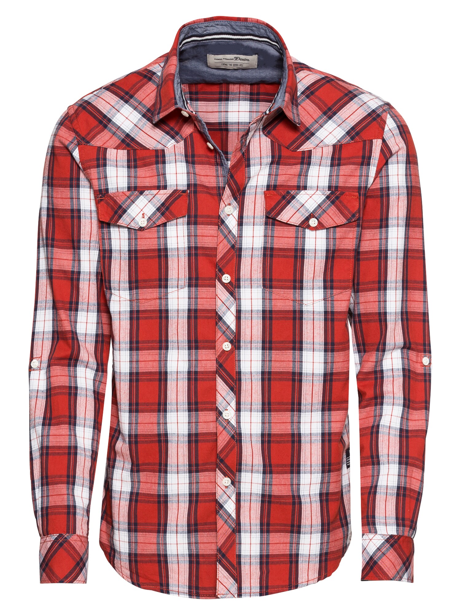 Tom Tailor Denim Heren Overhemd Donkerblauw Rood Wit tom tailor denim kopen in de aanbieding