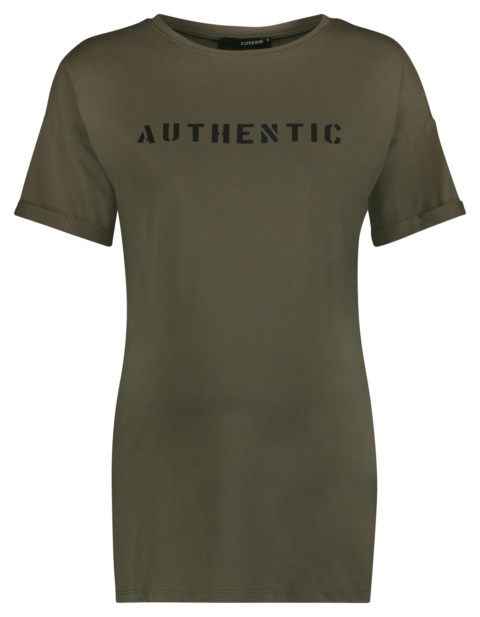 Supermom Dames Shirt Basic Slogan Kaki Zwart supermom kopen in de aanbieding