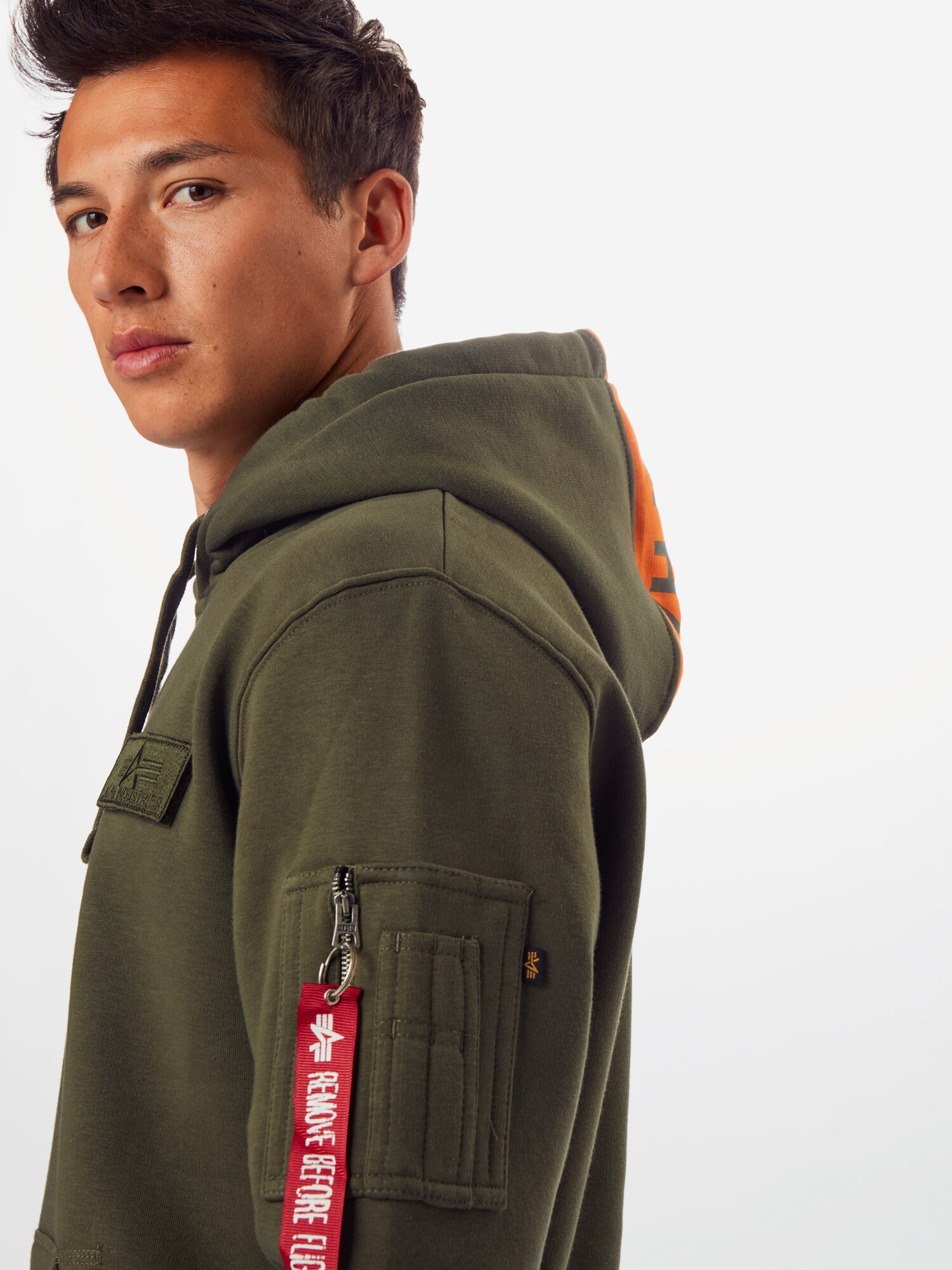 ALPHA INDUSTRIES Mikina 'Red Stripe' kaki / oranžová / červená / biela (obrázok 5)
