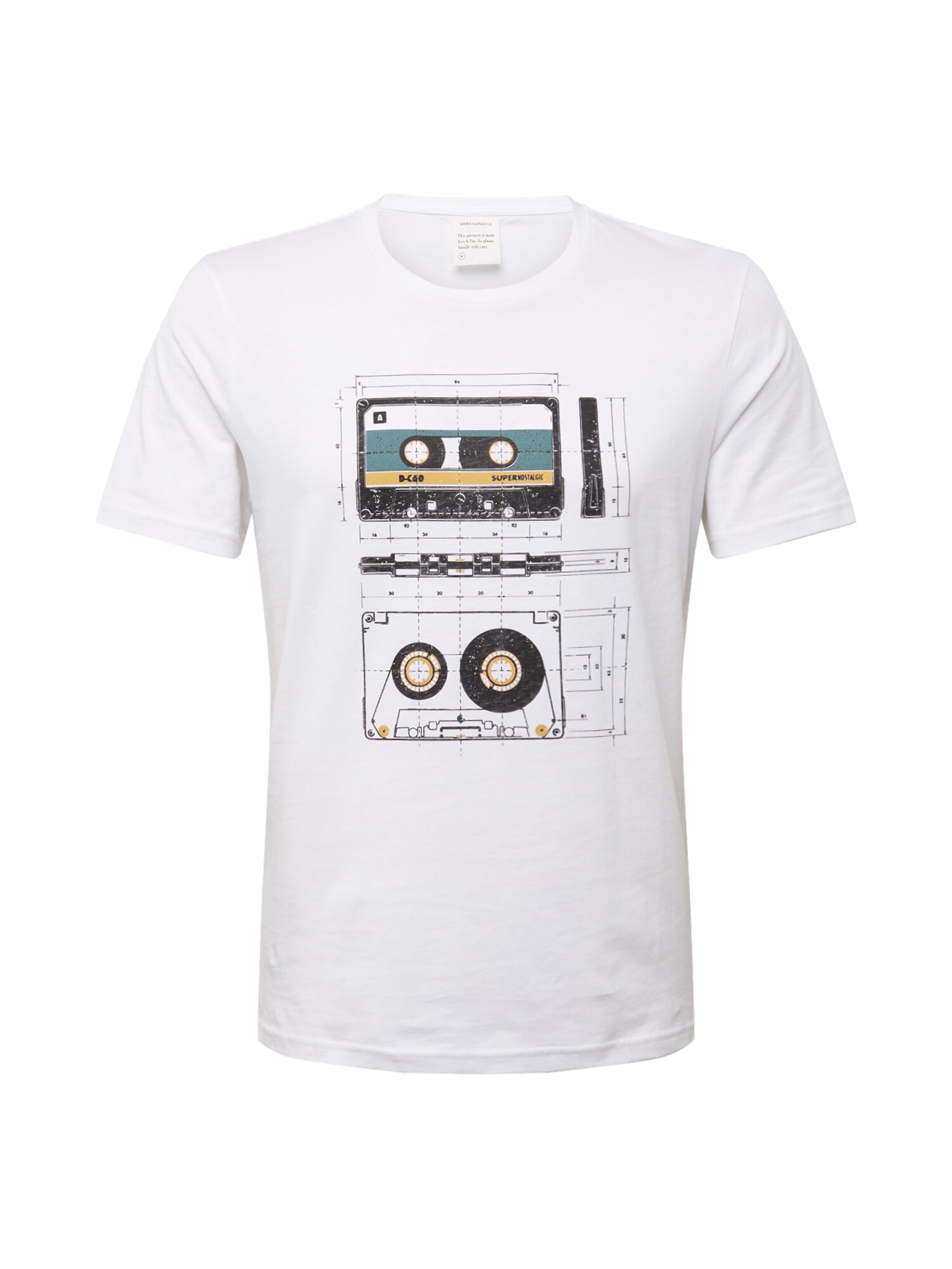 ARMEDANGELS Marškinėliai 'Jaames Cassettes'  balta / juoda / geltona