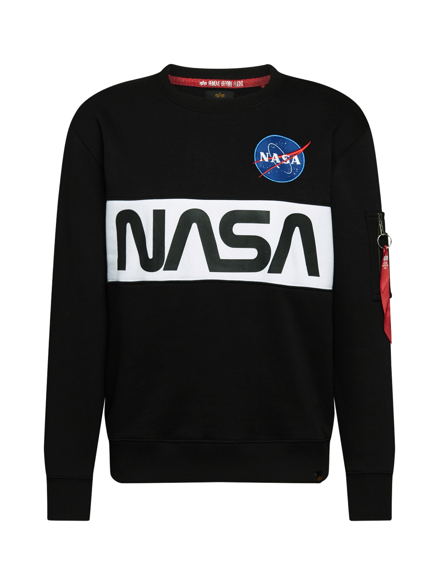 ALPHA INDUSTRIES Megztinis be užsegimo 'Nasa Inlay'  juoda / balta / mėlyna / raudona