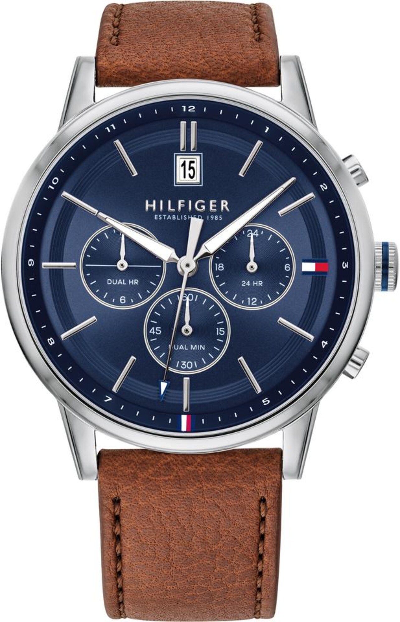TOMMY HILFIGER Analoginis (įprastinio dizaino) laikrodis  tamsiai mėlyna / ruda (konjako) / sidabrinė