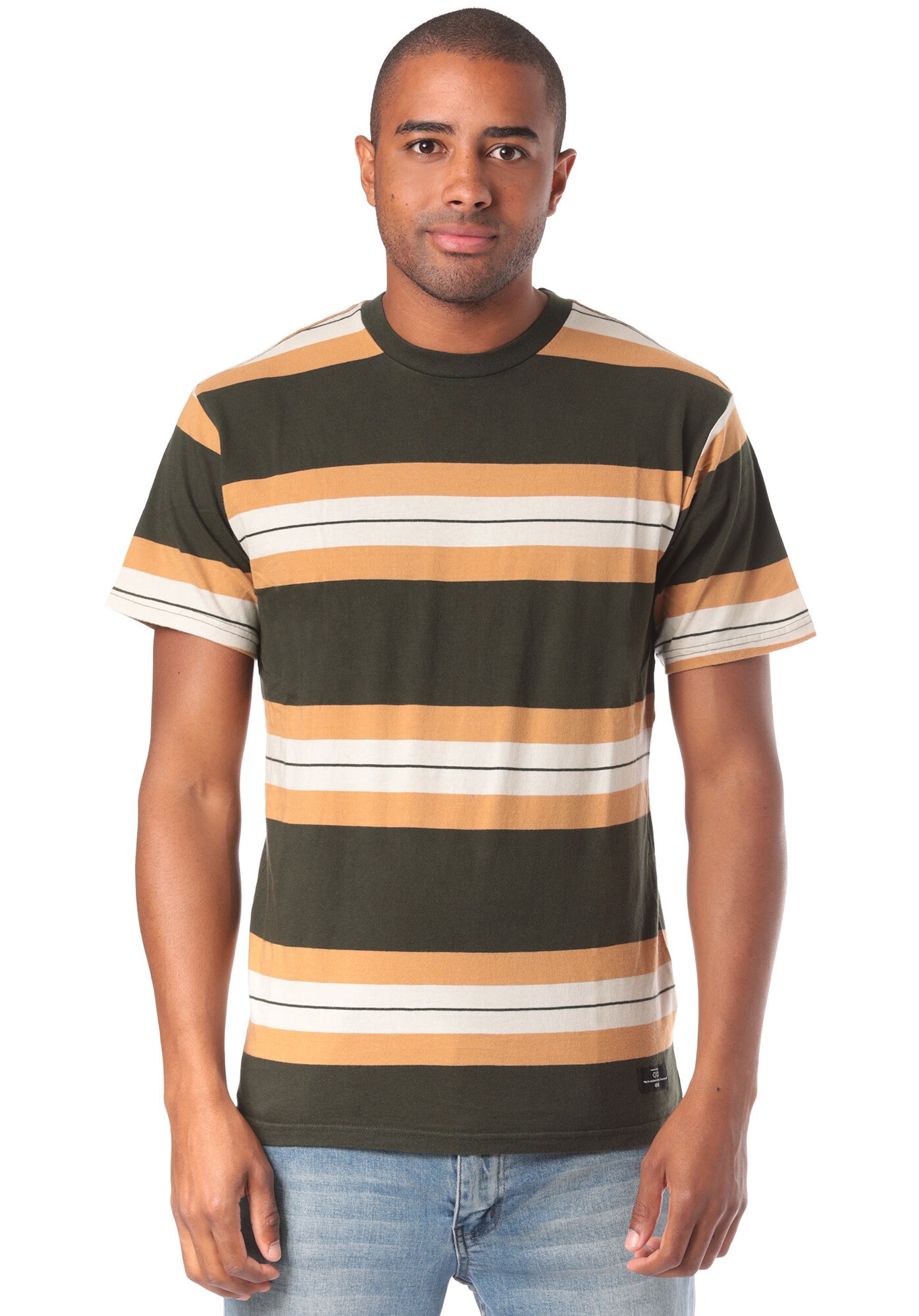 Rvca Heren Shirt Oxnard Stripe Olijfgroen Pasteloranje Wit rvca kopen in de aanbieding