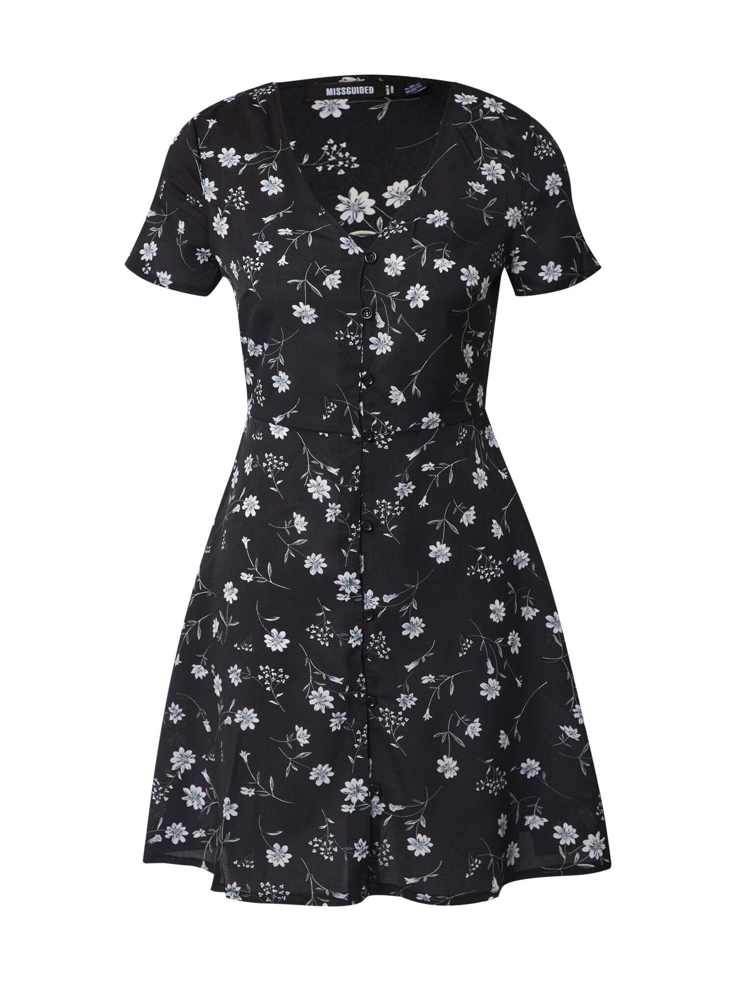 Missguided Vasarinė suknelė 'BUTTON THROUGH TEA DRESS SS FLORAL'  juoda