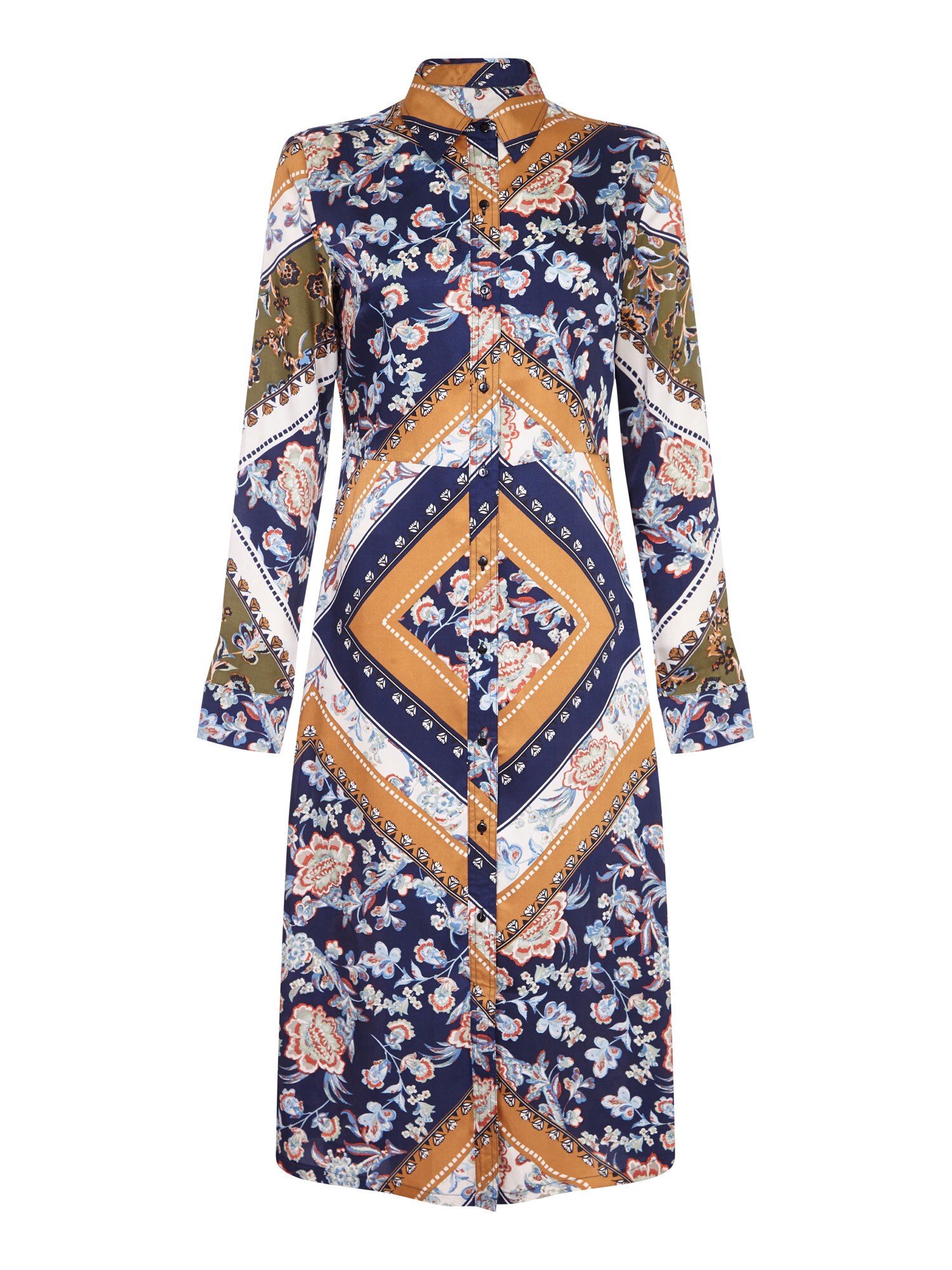 Mela London Dames Zomerjurk Scarf Print Shirt Dress Navy Oker mela london kopen in de aanbieding