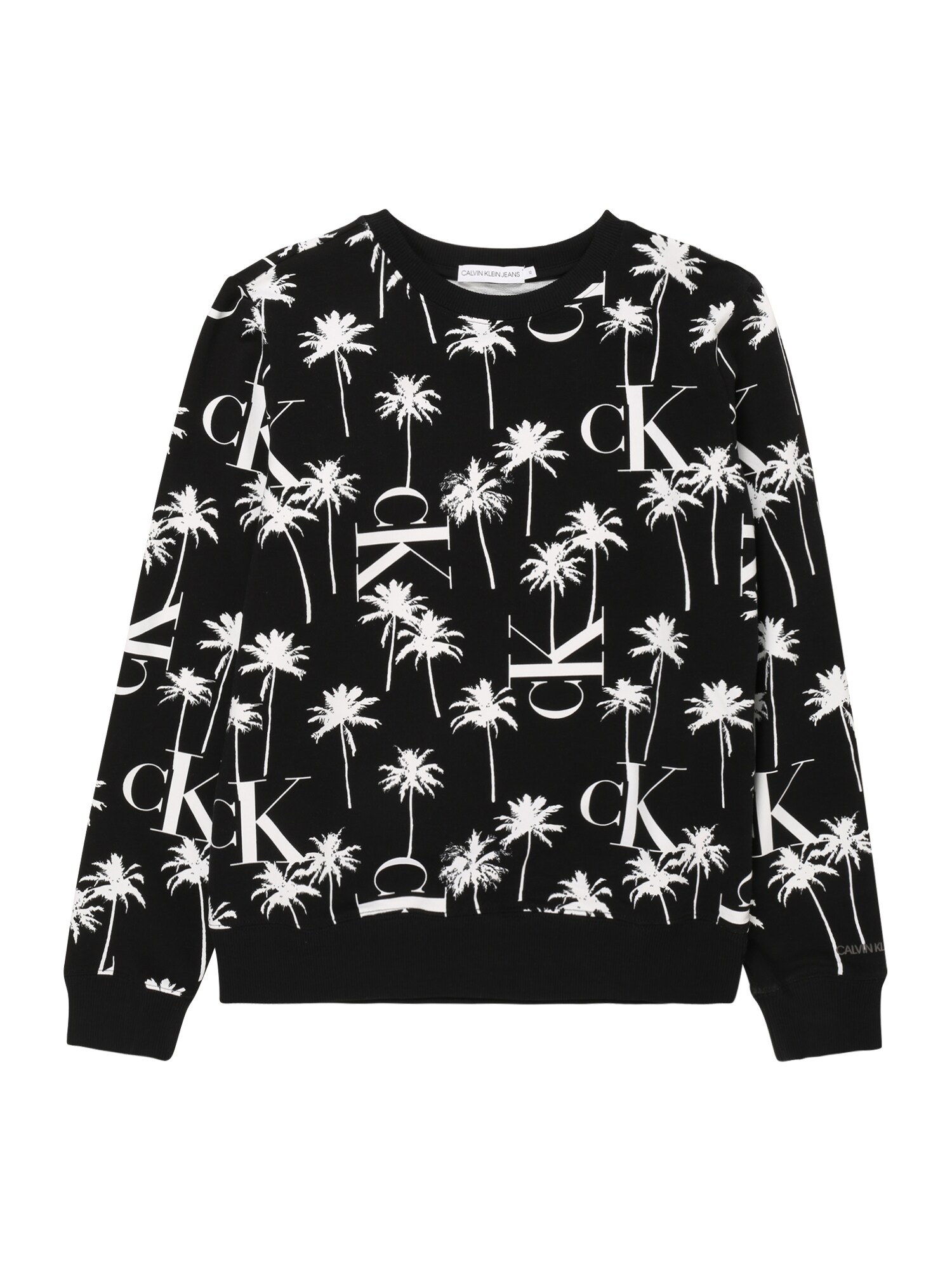 Calvin Klein Jeans Megztinis be užsegimo 'PALM AOP SWEATSHIRT'  balta / juoda