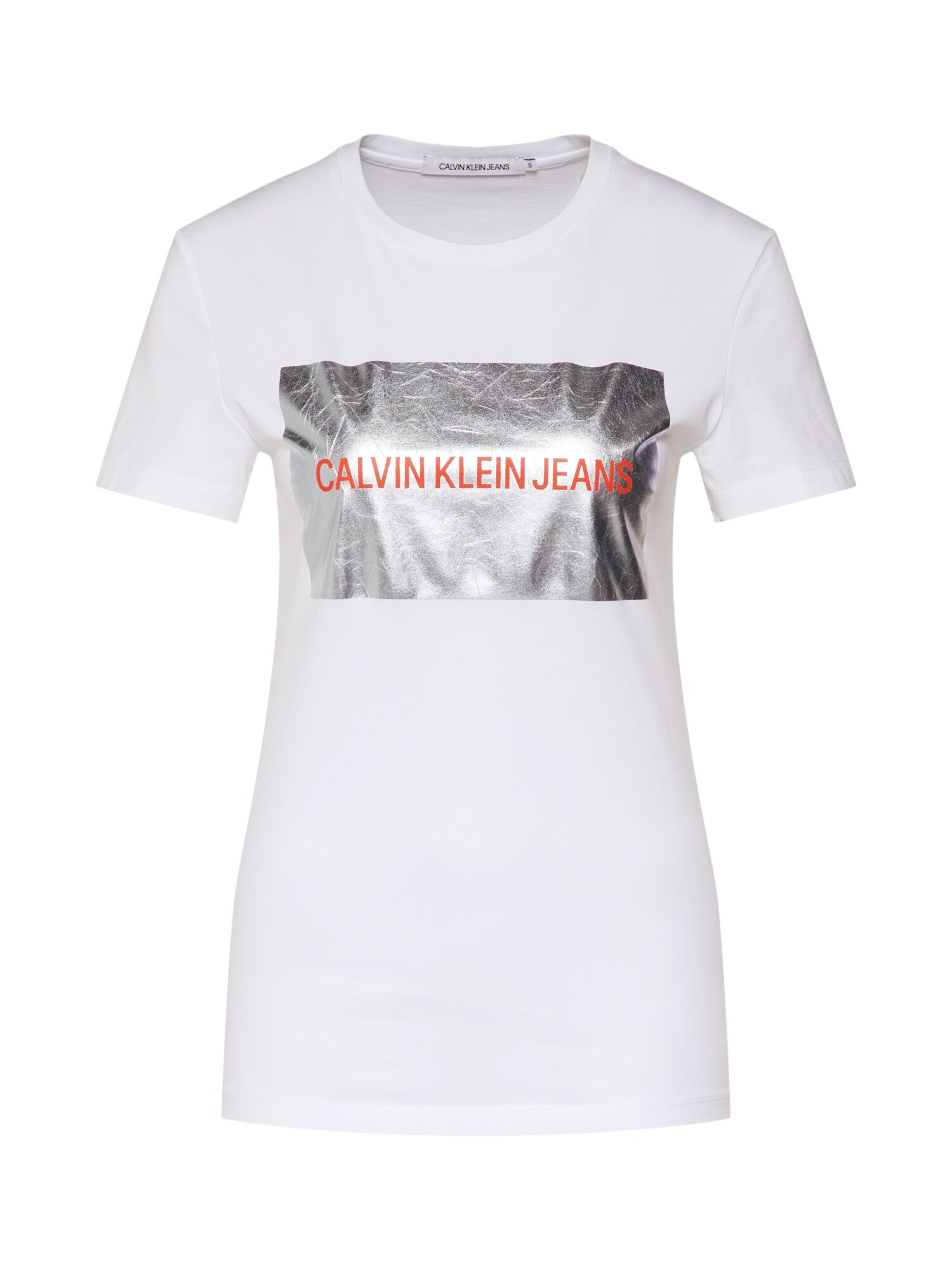Calvin Klein Jeans Dames Shirt Instit Silver Box Logo Tee Lichtrood Zilver Wit calvin klein jeans kopen in de aanbieding