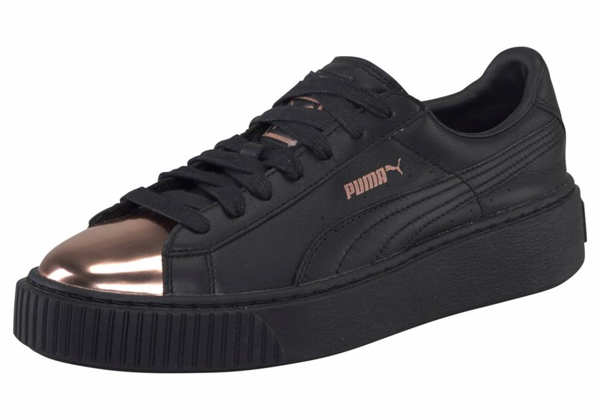 Puma Dames Sneakers Laag Basket Platform Metallic Rose Goud Zwart puma kopen in de aanbieding