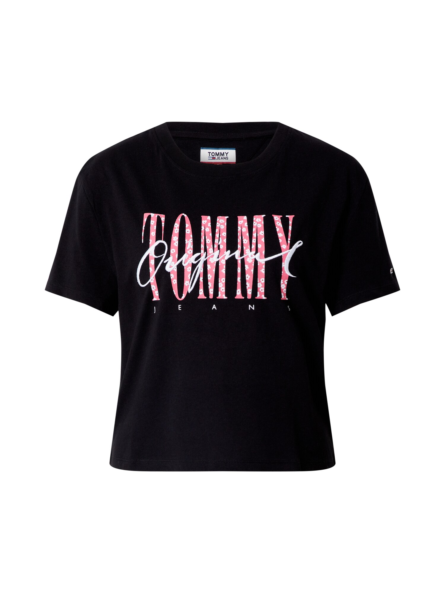 Tommy Jeans Marškinėliai 'TJW Floral'  juoda / balta / rožinė