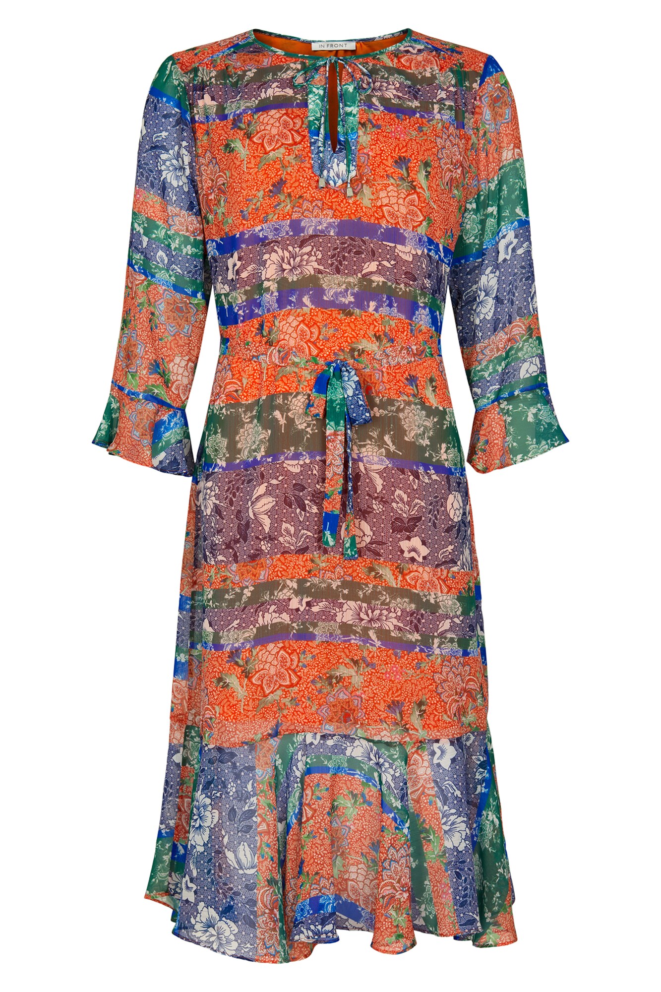 In Front Dames Jurk Vivien Blauw Donkergroen Oranjerood in front kopen in de aanbieding