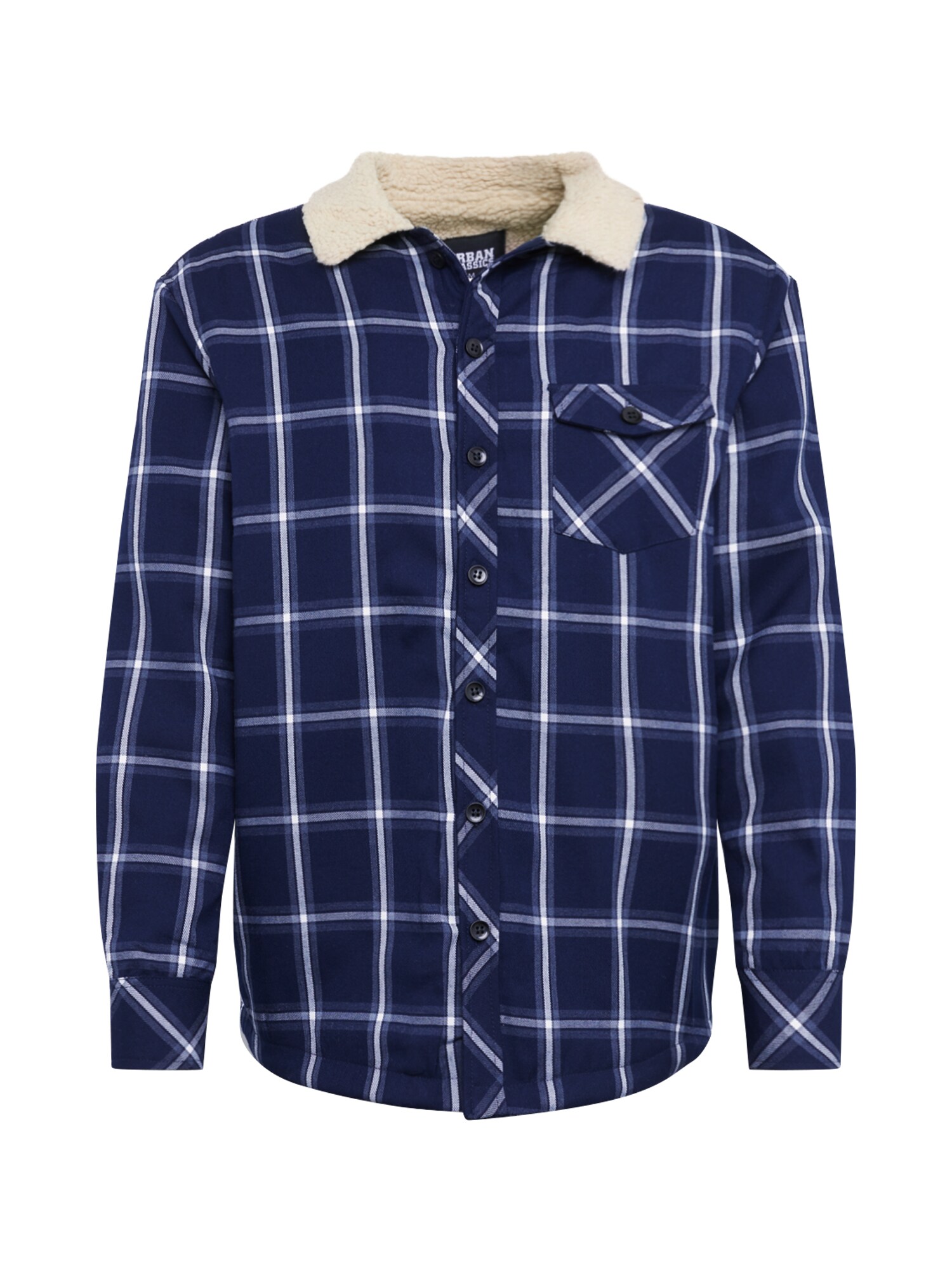 Urban Classics Demisezoninė striukė 'Sherpa Lined Shirt Jacket'  tamsiai mėlyna / balta