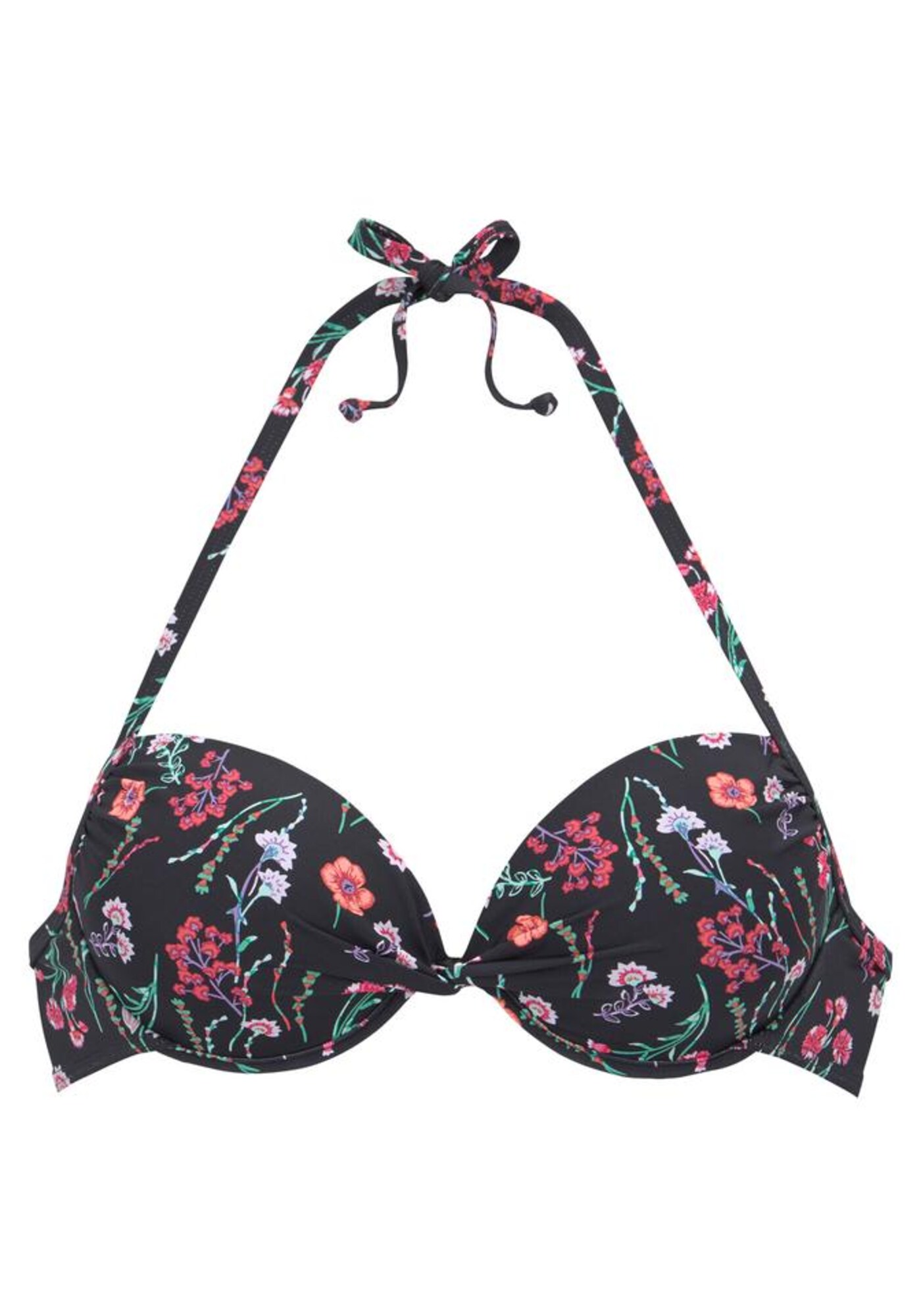 LASCANA Bikinio viršutinė dalis 'Bloom'  žalia / neoninė violetinė / raudona / juoda