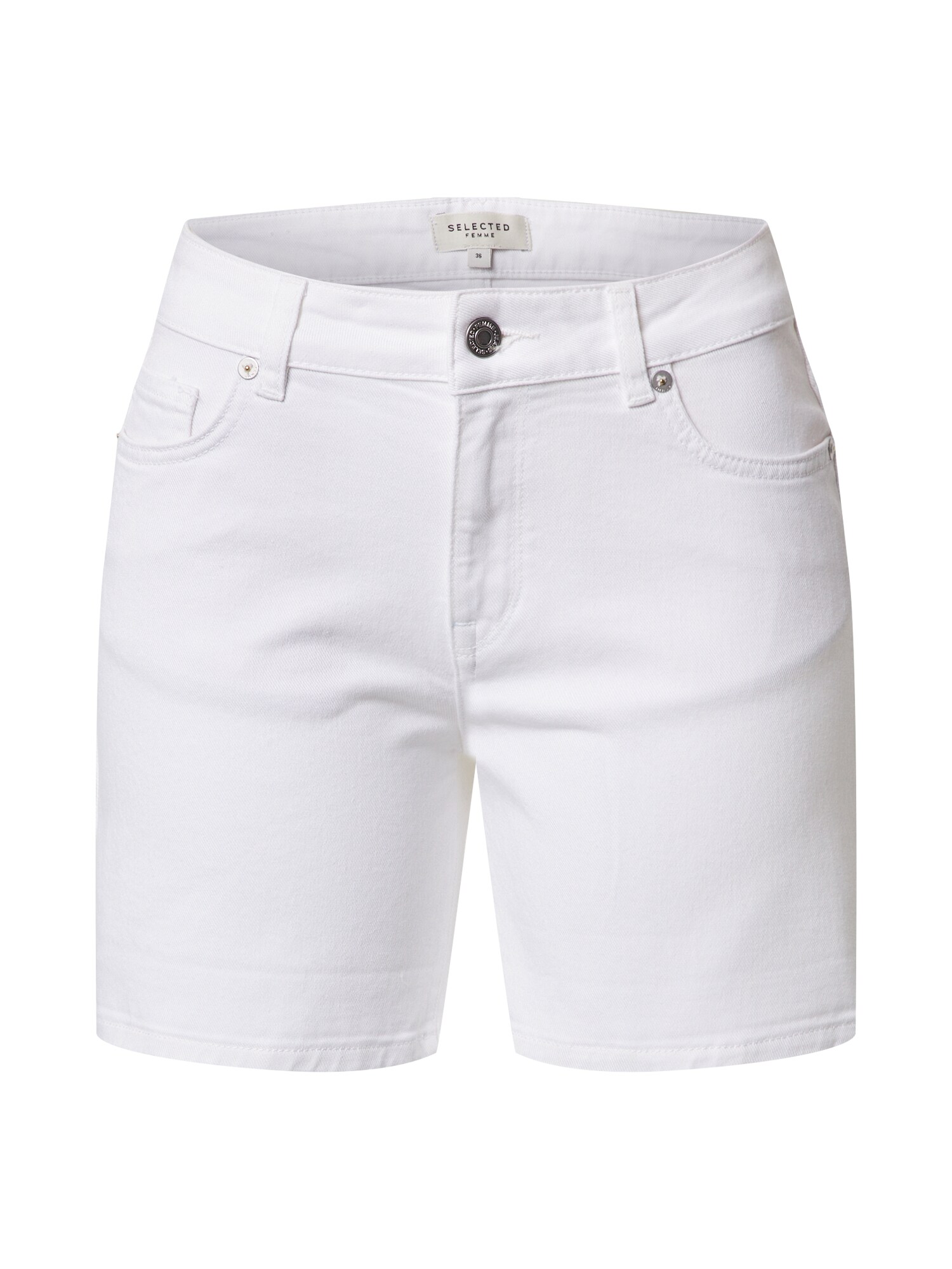 SELECTED FEMME Džinsai 'SLFSILLA MW WHITE DENIM FOLD UP SHORTS W'  balto džinso spalva