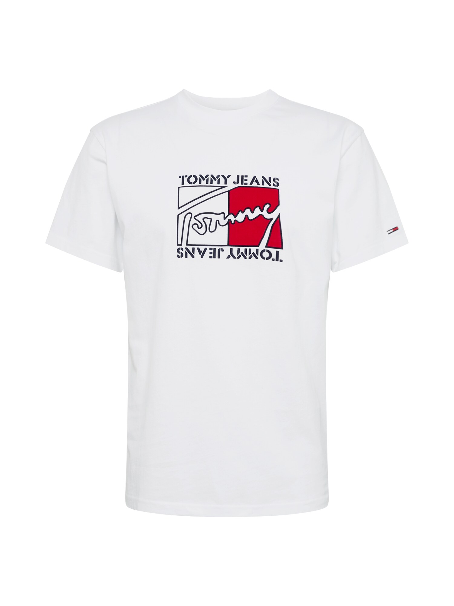 Tommy Jeans Marškinėliai 'TJM FLAG SCRIPT TEE'  balta / tamsiai mėlyna / raudona