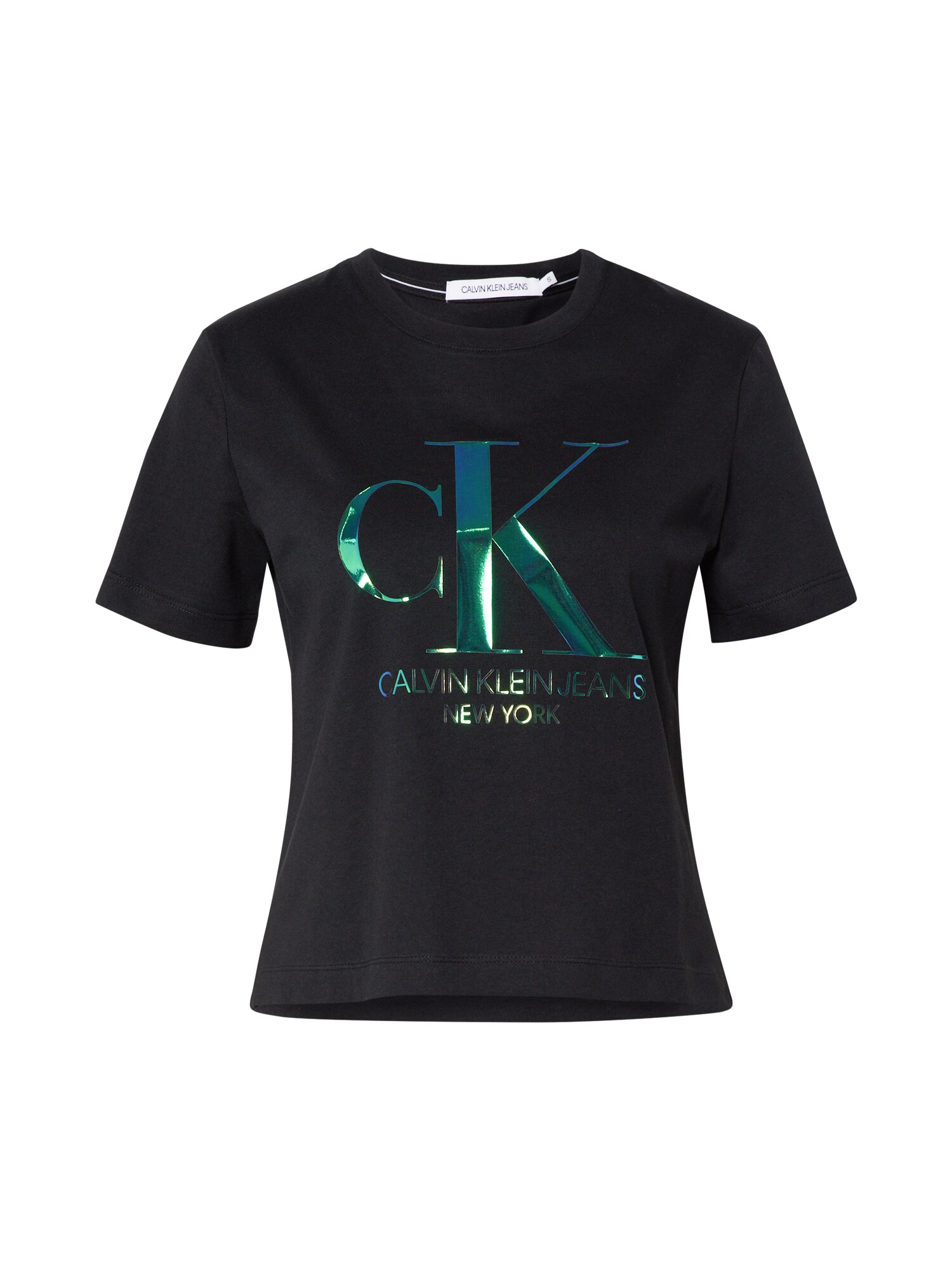 Calvin Klein Marškinėliai 'IRIDESCENT CK STRAIGHT TEE'  žalia / juoda