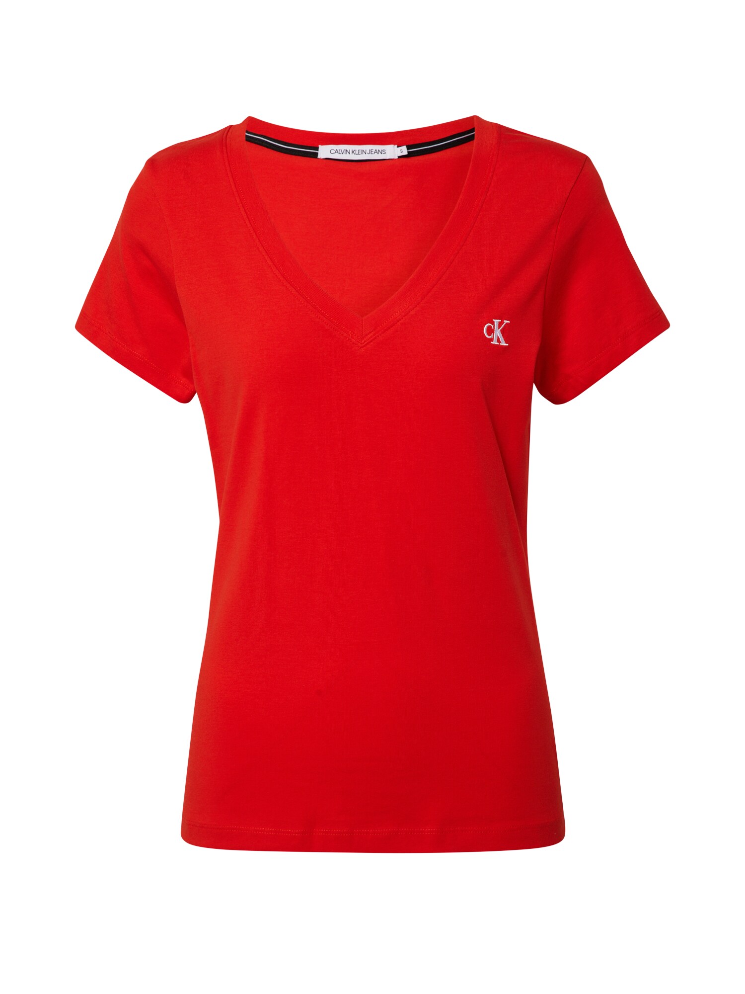 Calvin Klein Jeans Marškinėliai 'CK EMBROIDERY STRETCH V-NECK'  raudona