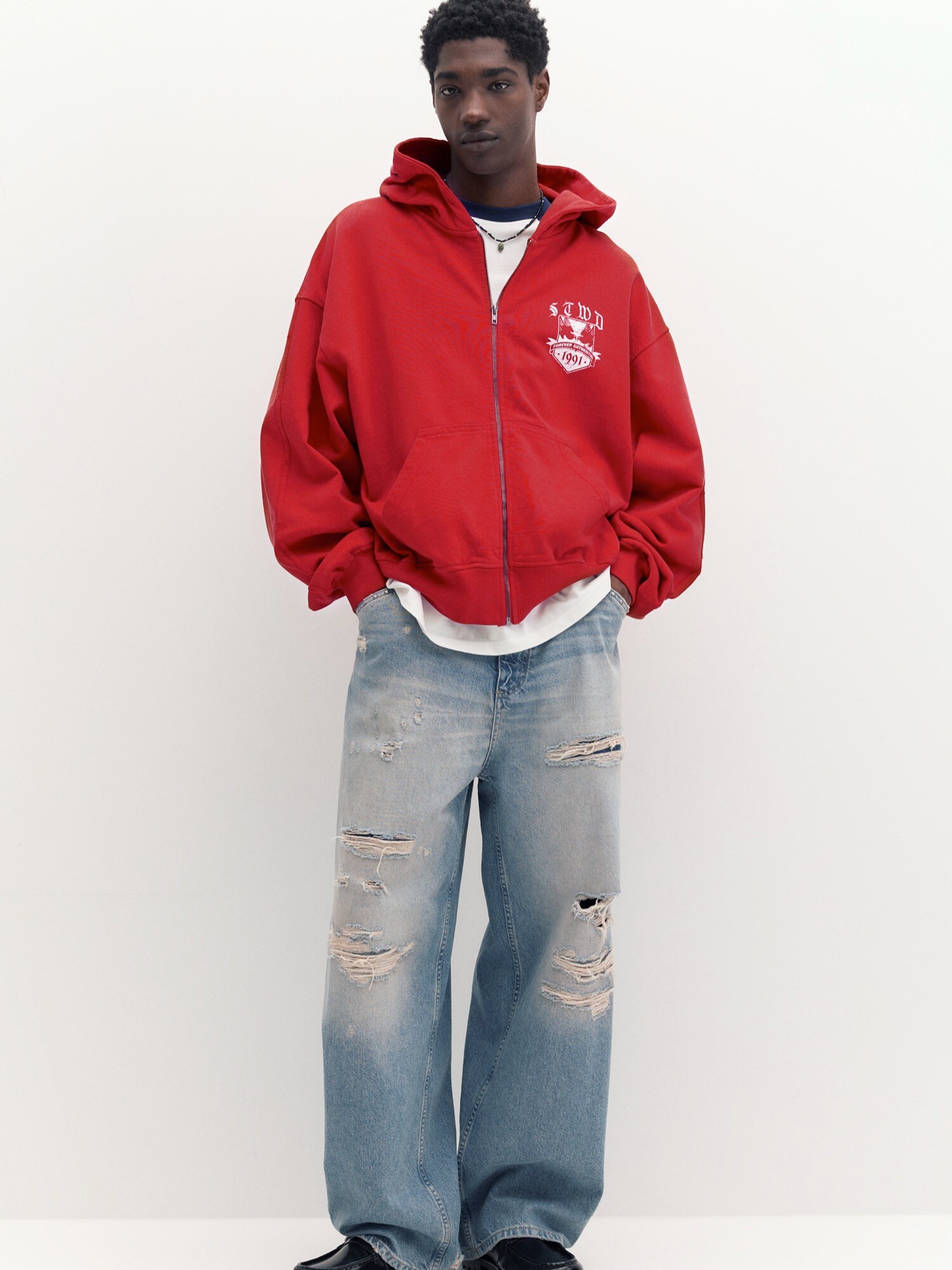 Pull&Bear Tepláková bunda 'STWD'  červená / biela (obrázok 4)