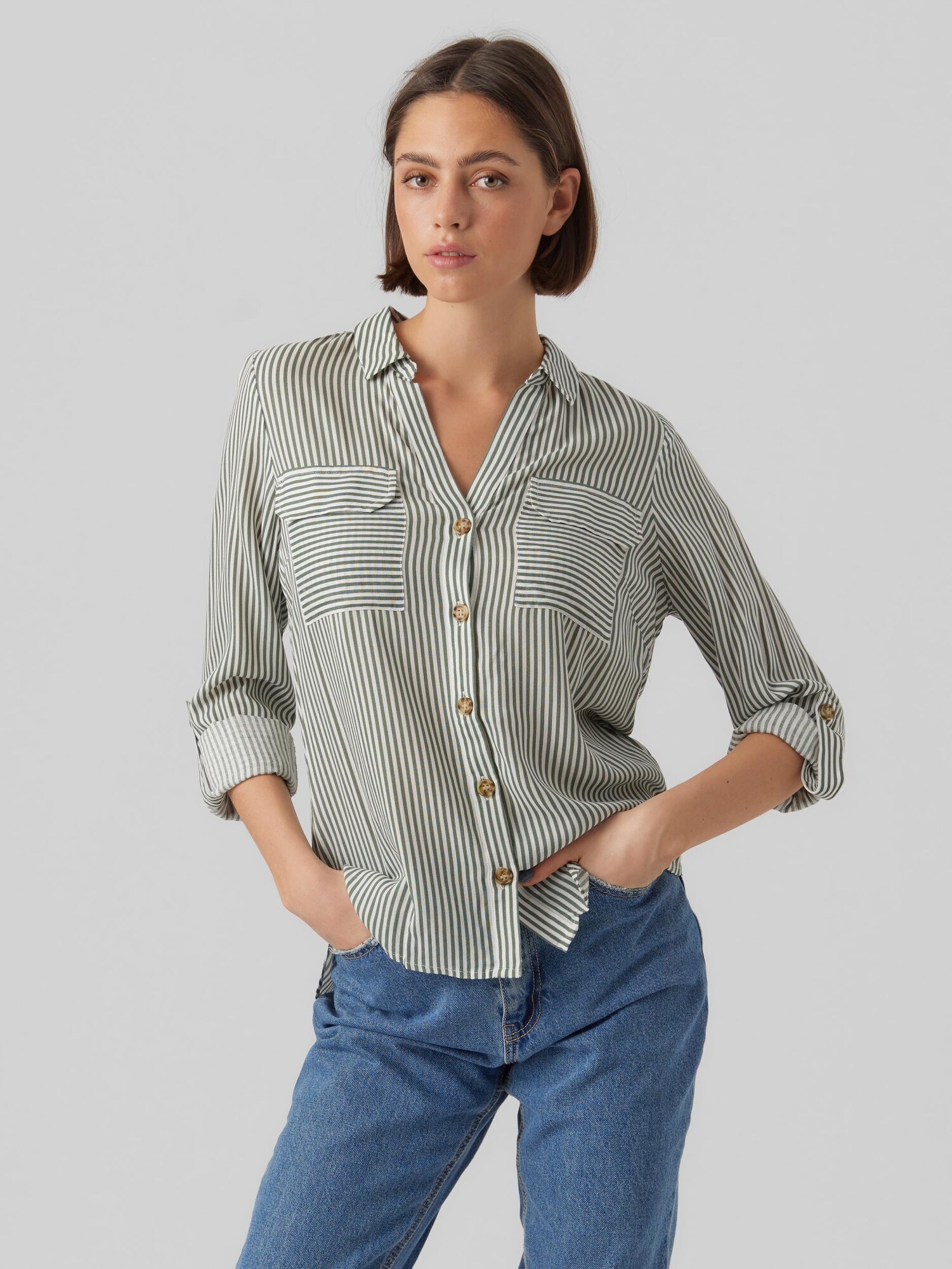 VERO MODA Blúz 'Bumpy'  sötétzöld / fehér termék 2. képe