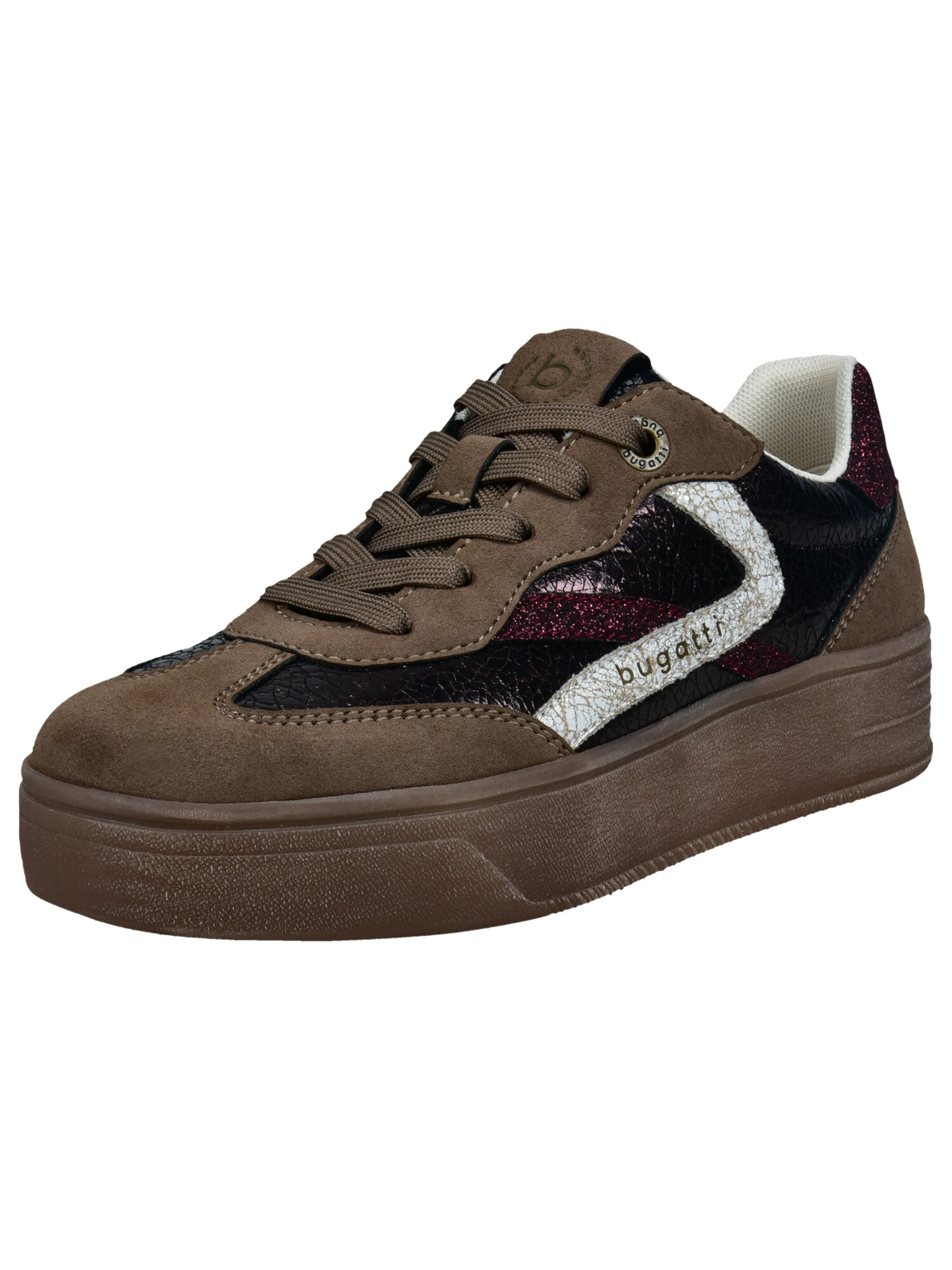 bugatti Sneaker low gri taupe / roșu burgundy / negru / alb