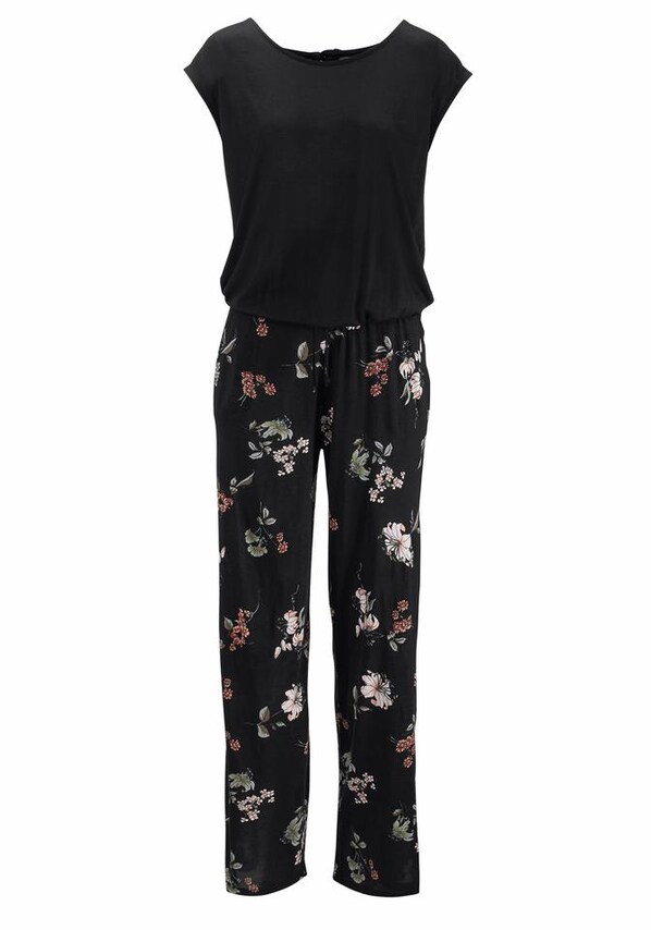 LASCANA, Kezeslábas 'LS Overall black-flower', fekete, 4 kép a 4 közül