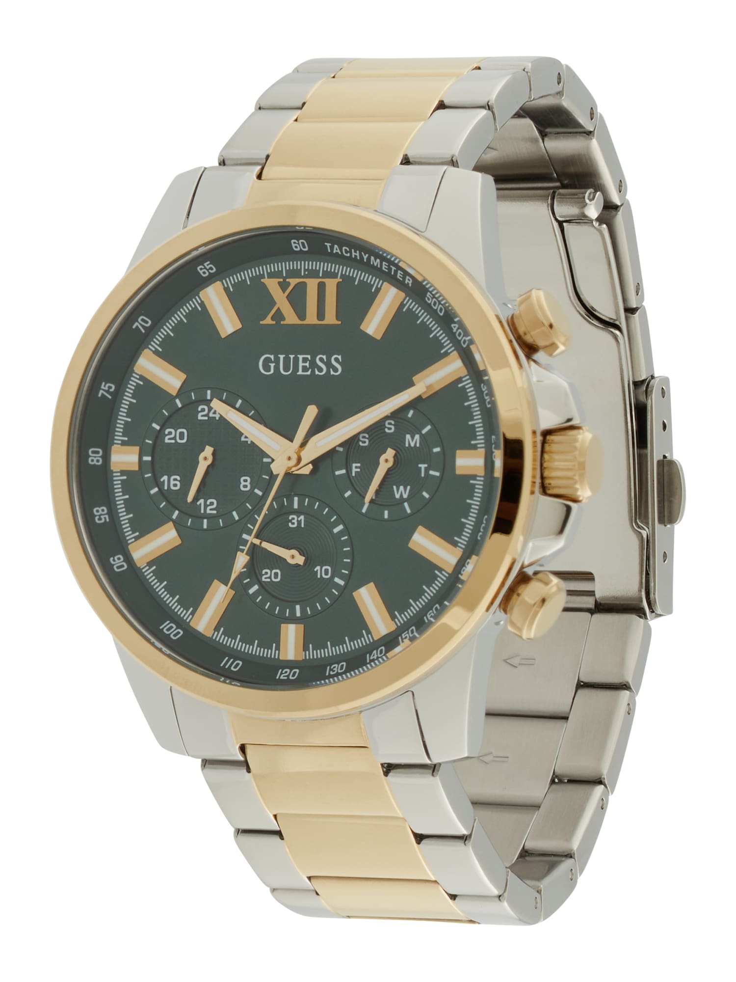 GUESS Ceas analogic Walker  auriu / verde pin / argintiu