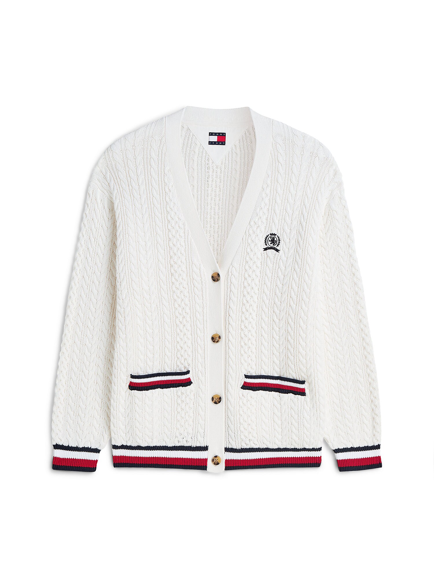 Tommy Jeans Geacă tricotată 'Global Stripe Oversized Cable'  roșu / negru / alb