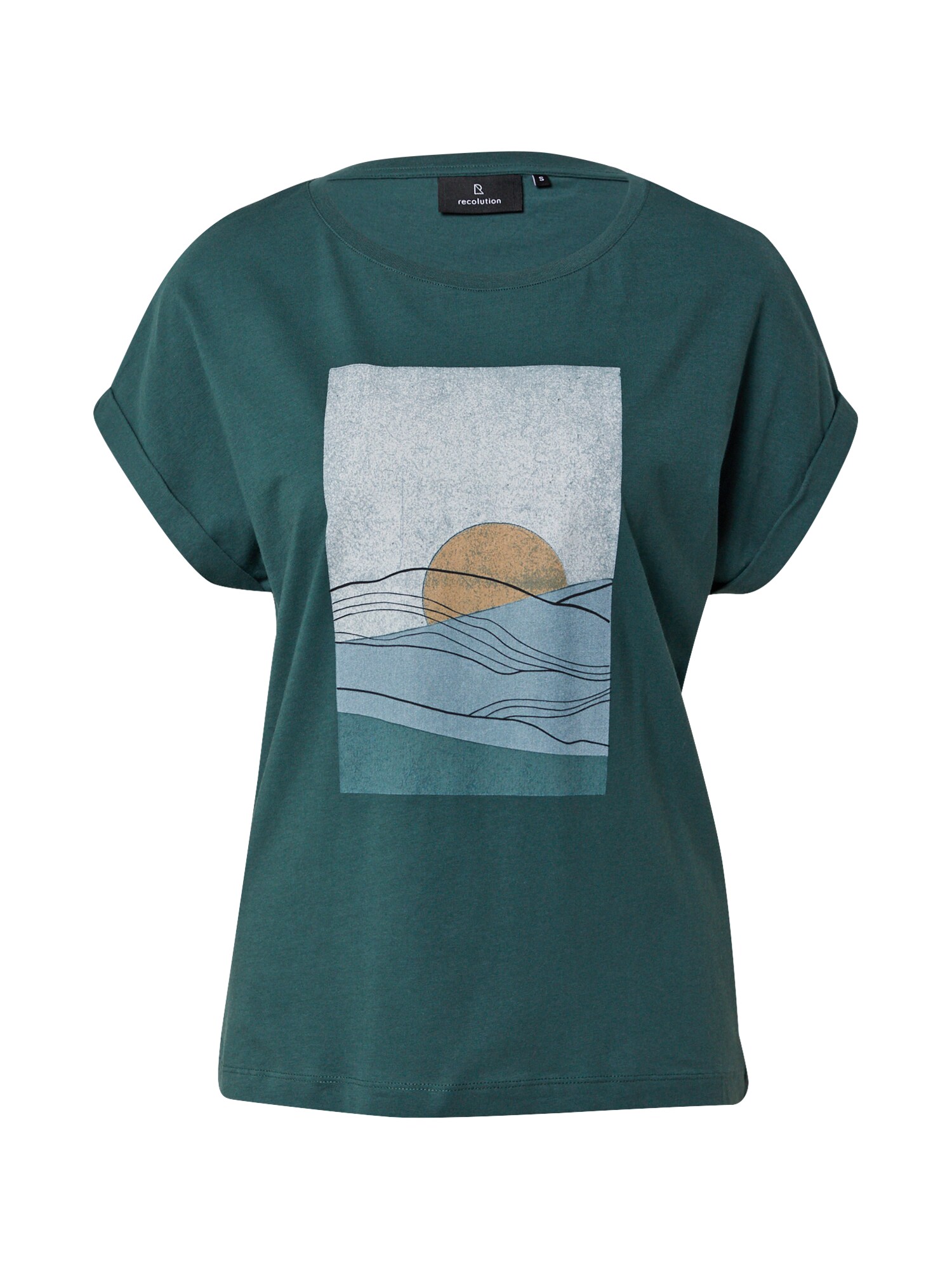 recolution Marškinėliai 'CAYENNE SUNSET' tamsiai žalia / šviesiai mėlyna / smėlio / balta