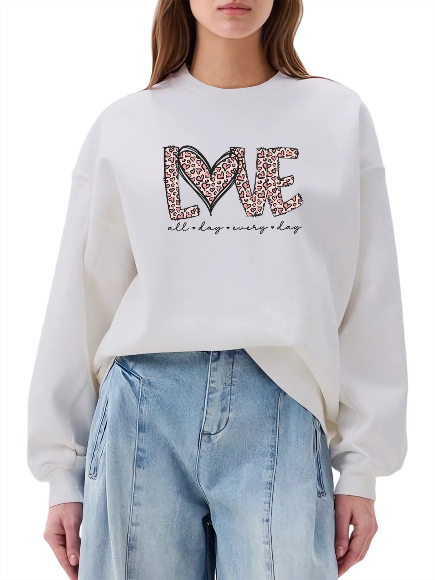 GORHEY Sudadera 'Women's Pullover with Leopard Print Heart, Loose Fleece Pullover for Autumn/Winter' blanco