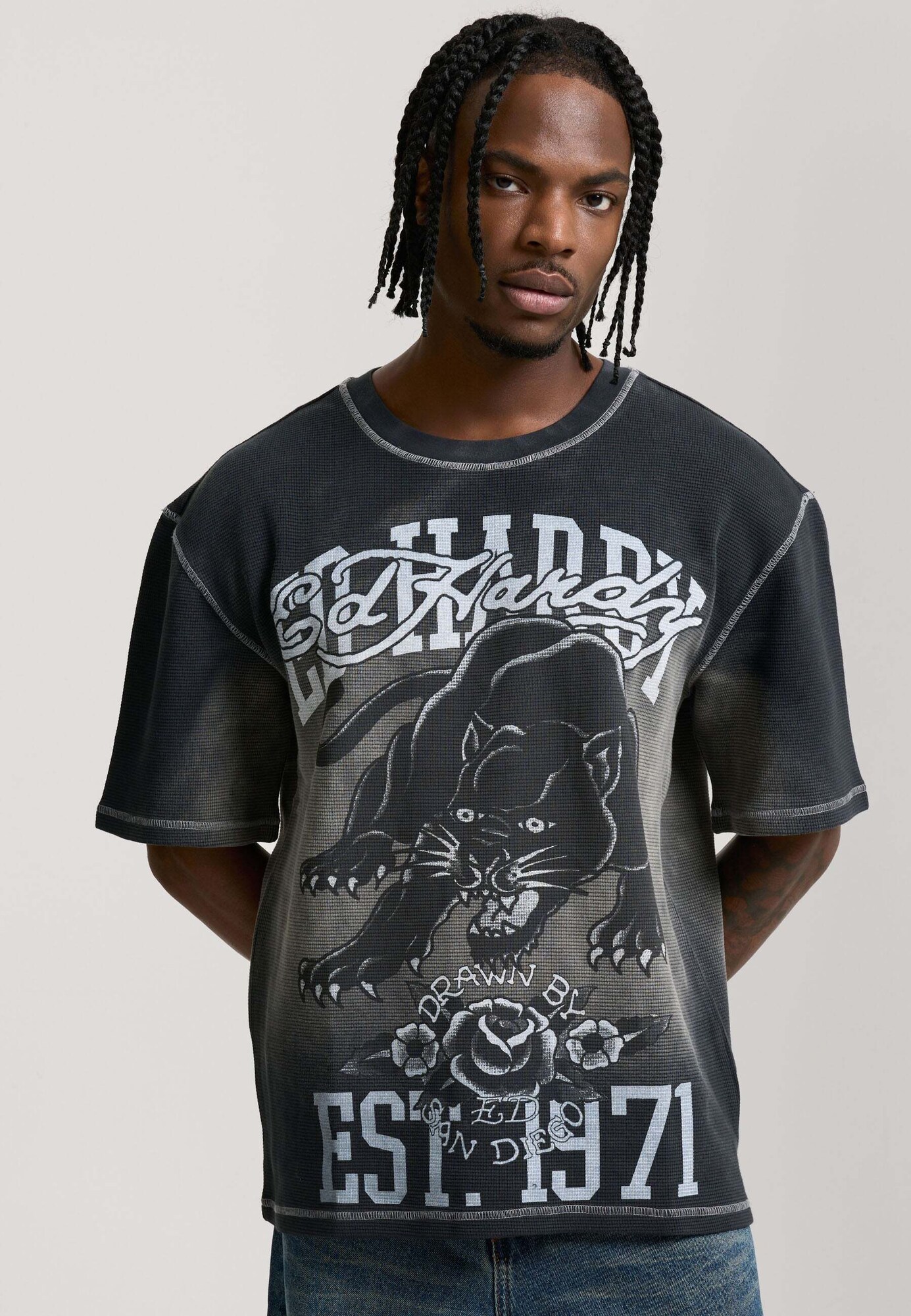 Ed Hardy Tricou 'Panther'  gri / negru / alb murdar