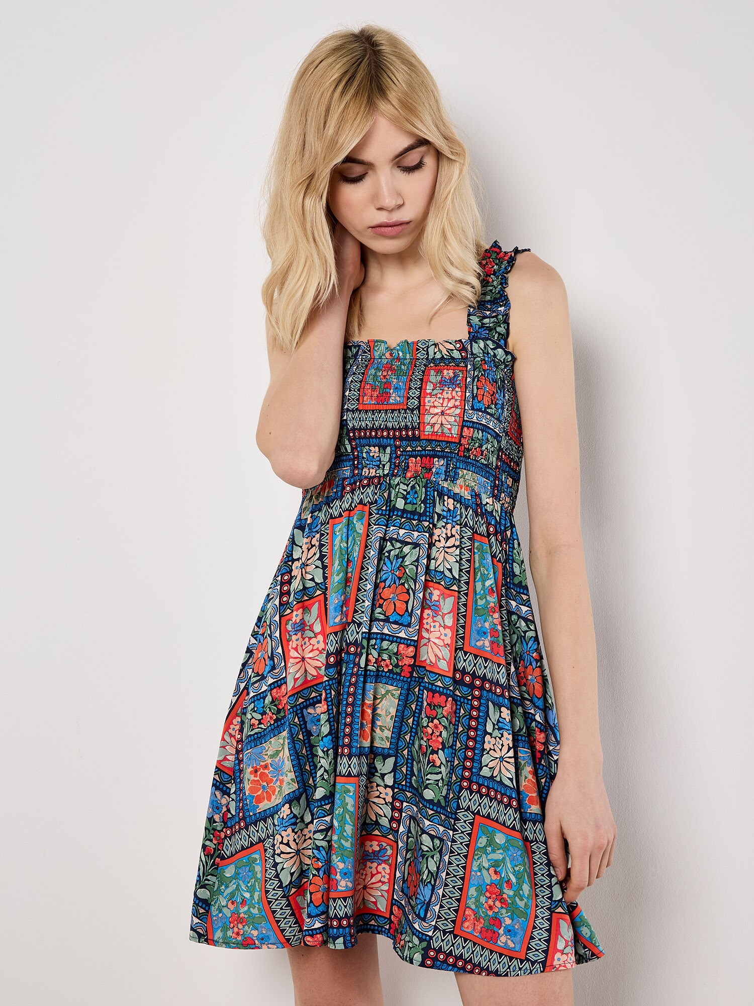 Thumbnail - Apricot Postcard Floral Print Mini Dress