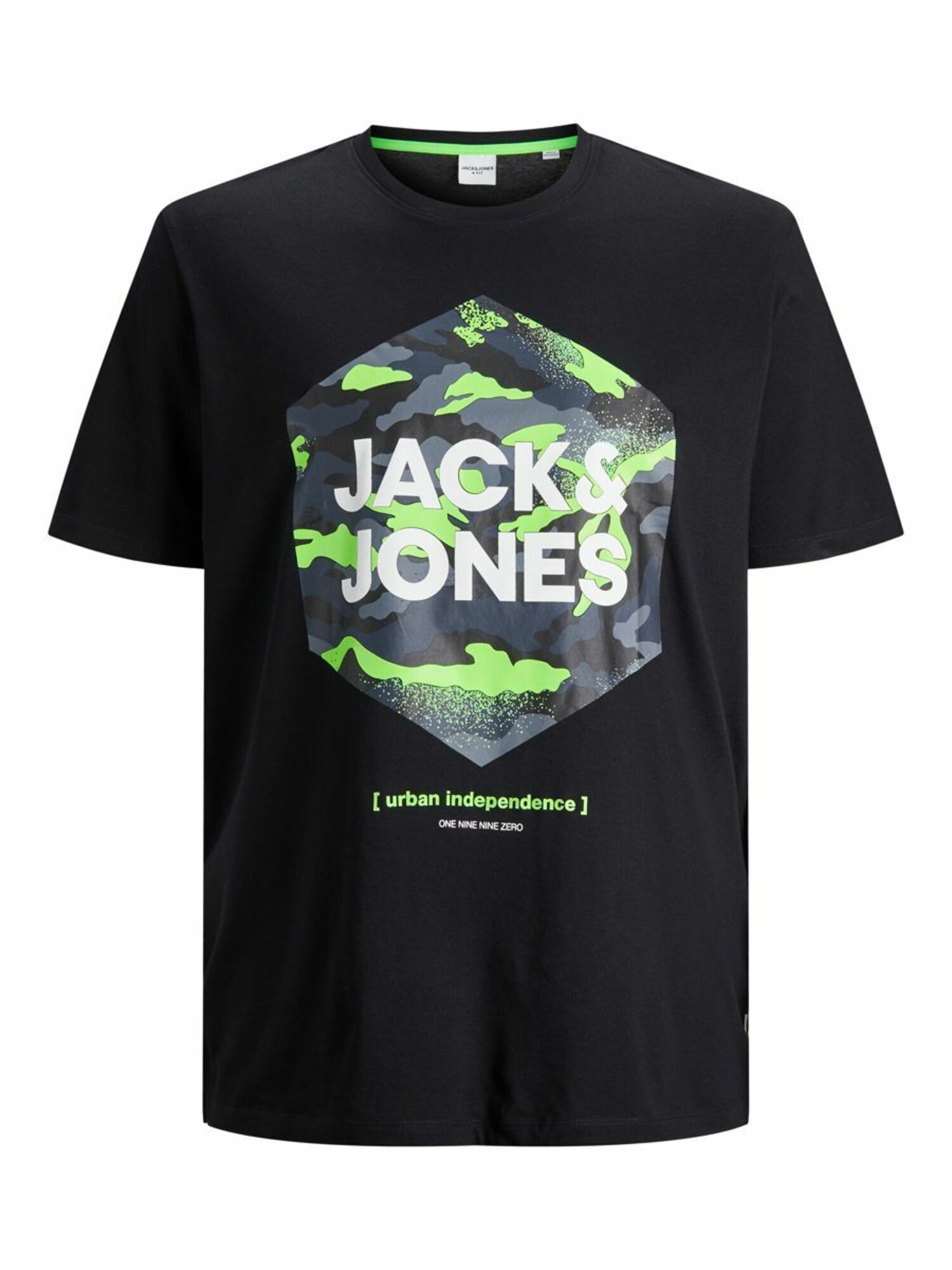 JACK & JONES Marškinėliai  juoda / neoninė žalia / melsvai pilka / balta