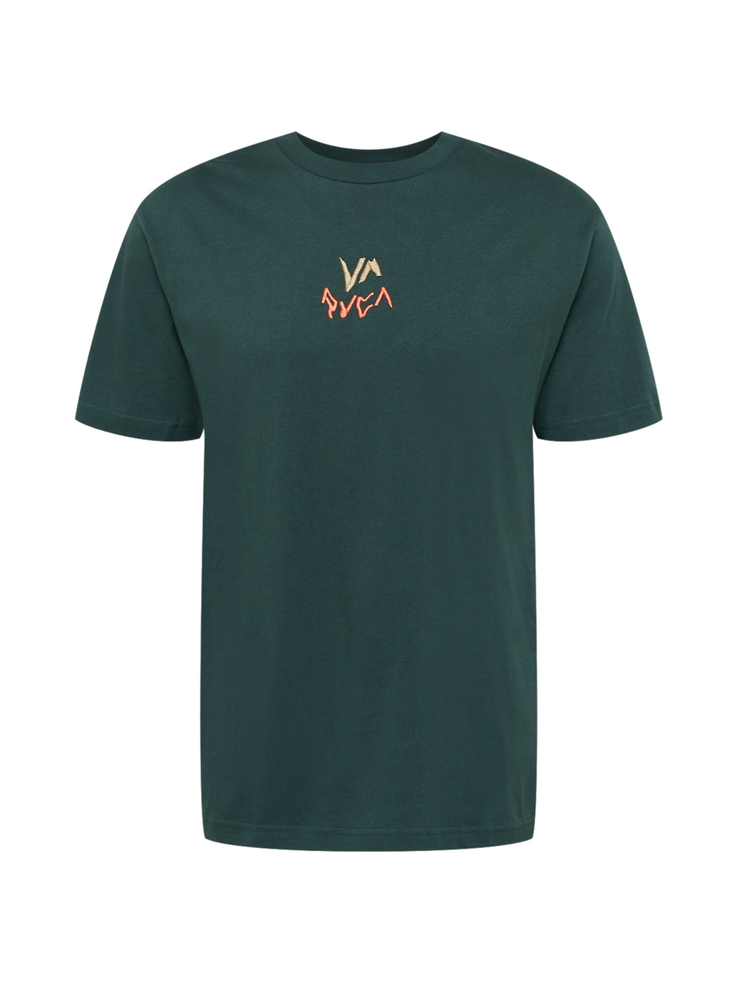 RVCA Marškinėliai 'PETROGLYPH' smėlio spalva / tamsiai žalia / oranžinė