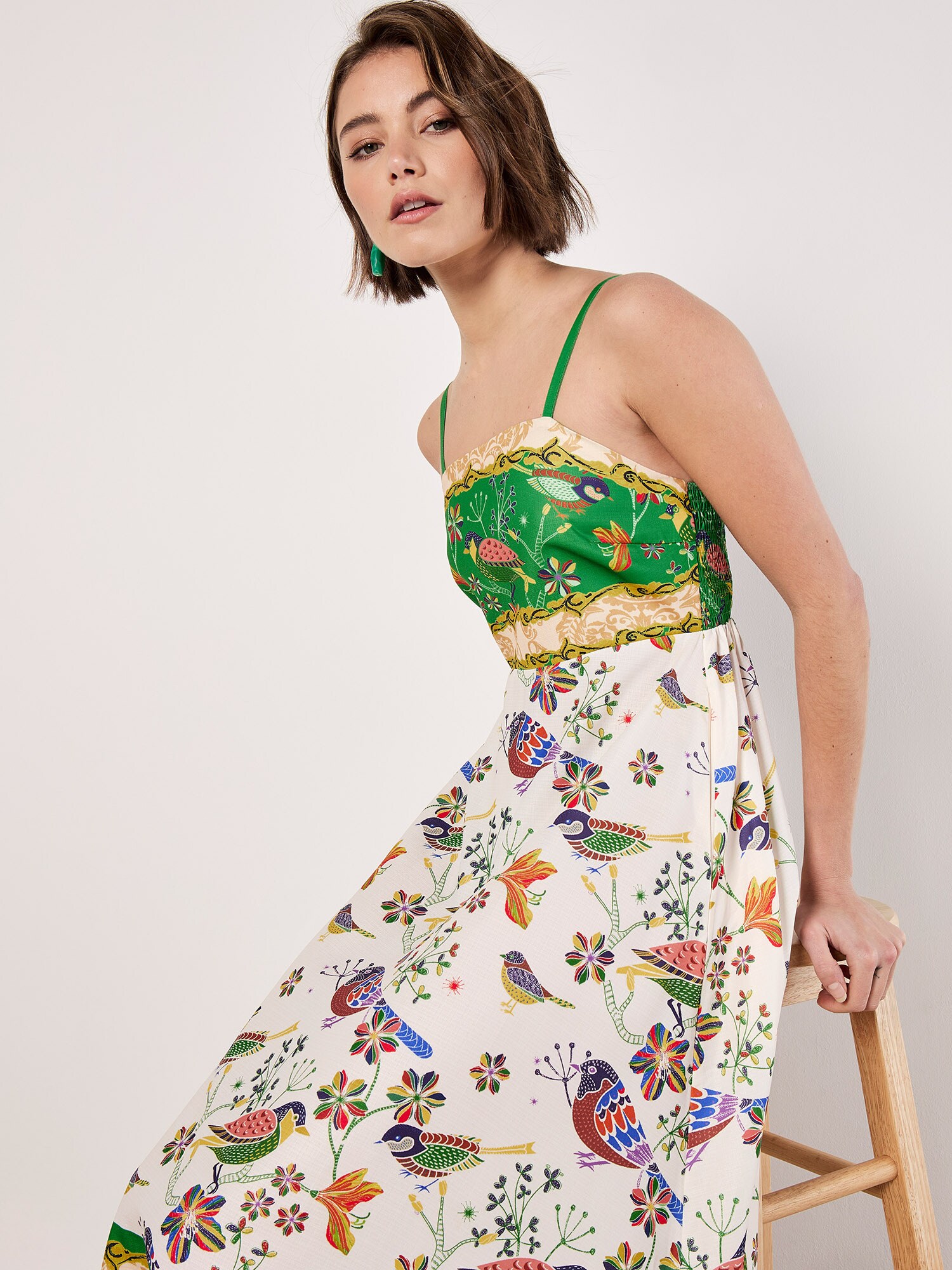 Thumbnail - Apricot Birds And Palms Print Midi Dress