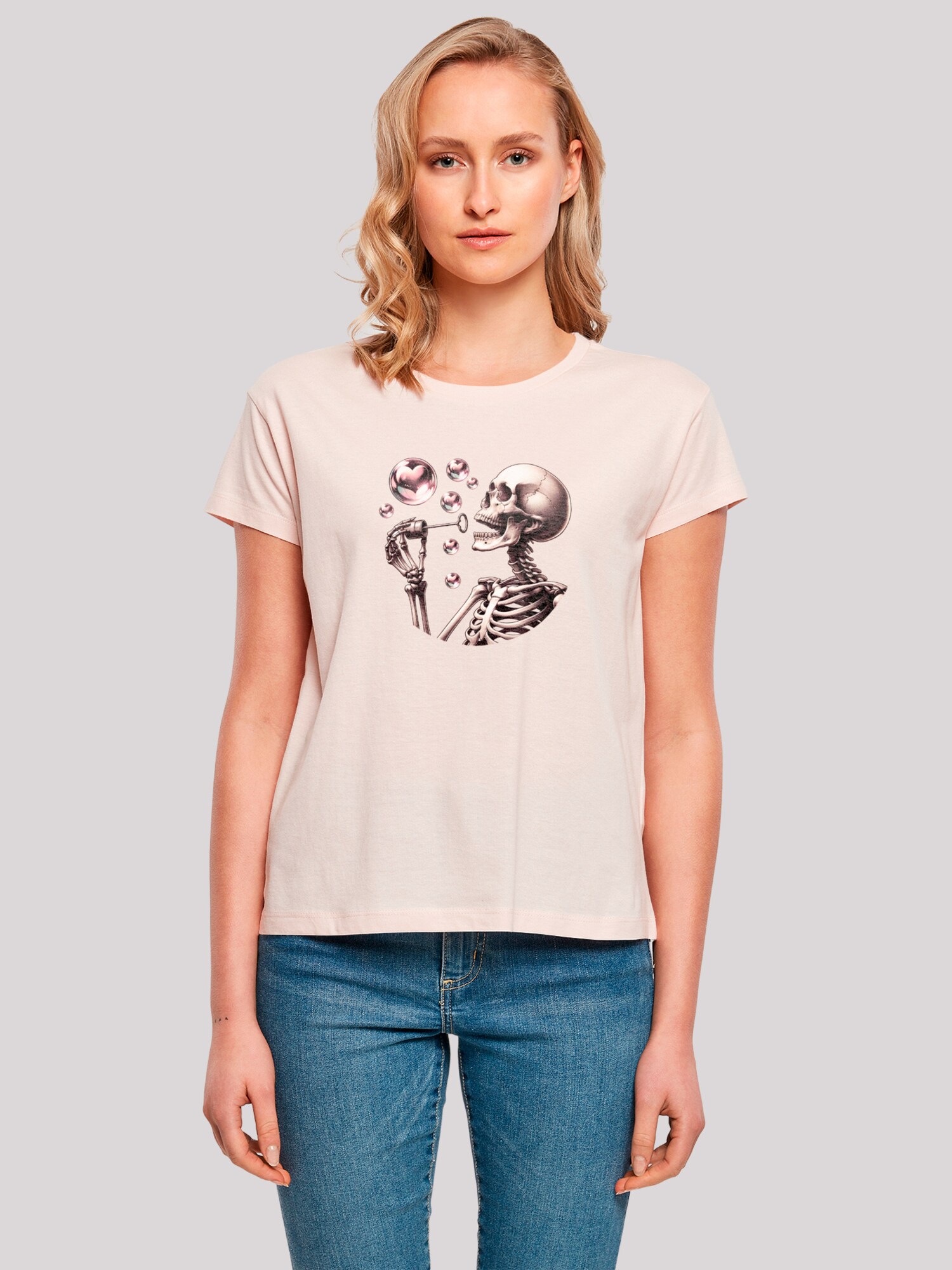 Thumbnail - F4NT4STIC T-Shirt Cute Goth Skeleton Blowing Heart Shaped Bubbles