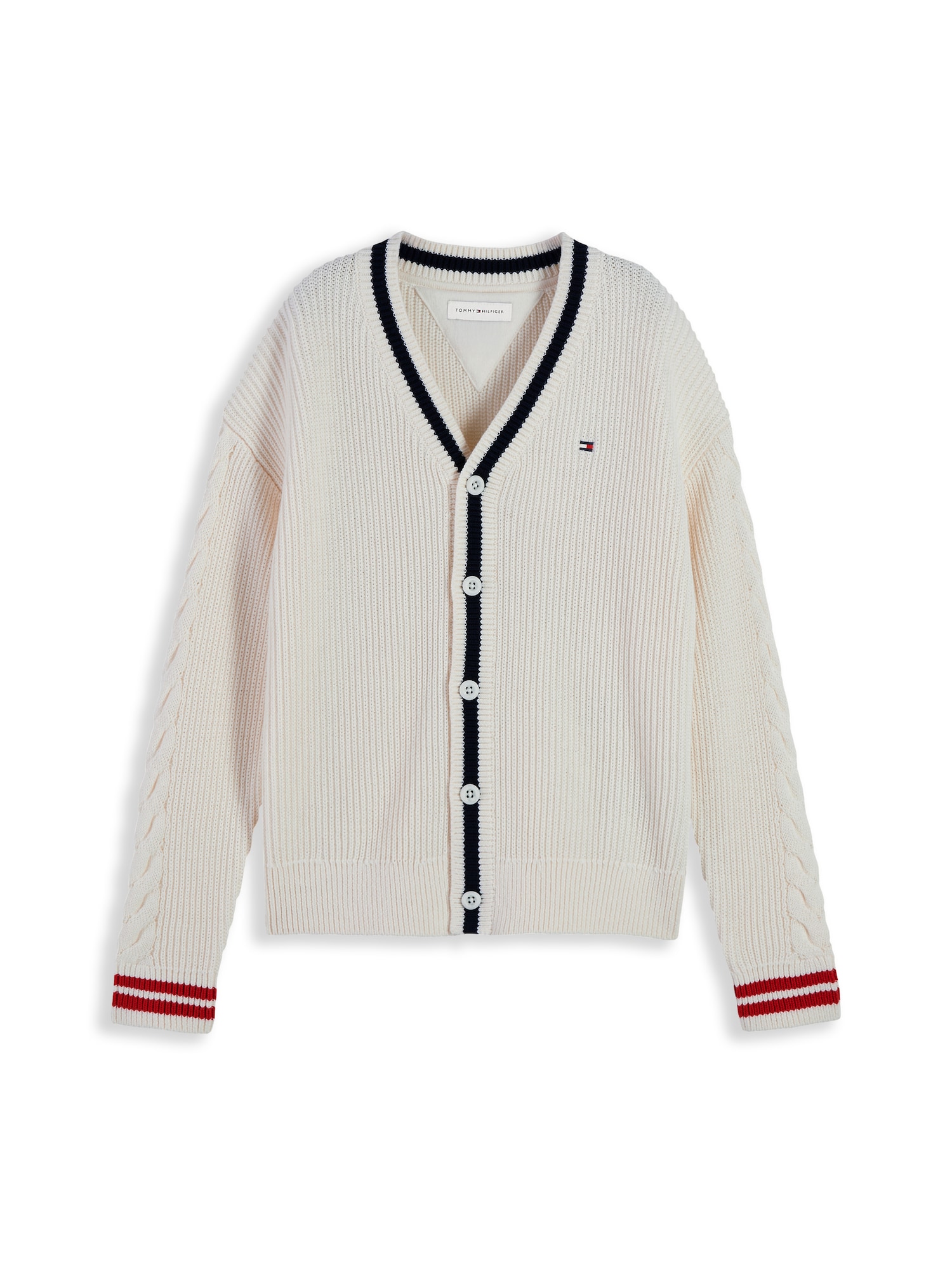 TOMMY HILFIGER Geacă tricotată fildeş / bleumarin / roși aprins