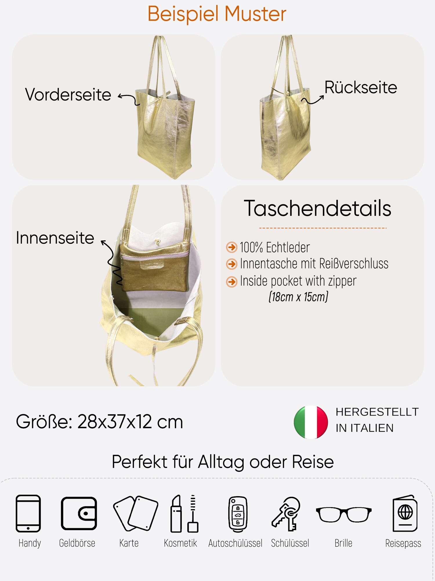 Thumbnail - SevaBags Shopper Shopper Tasche Damen in Metallic Echtleder