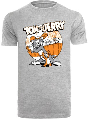 F4NT4STIC Shirt ‘Tom and Jerry Play Baseball’ Grijs / Grijs gemêleerd / Oranje / Wit