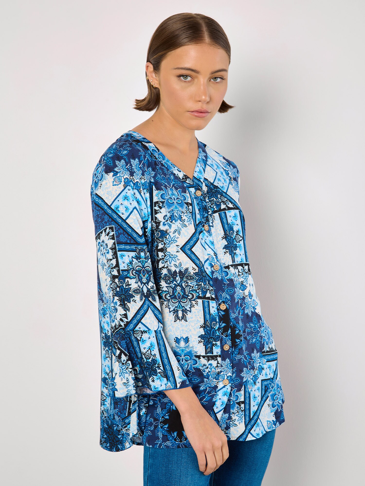 Thumbnail - Apricot Patchwork Scarf Print Blouse