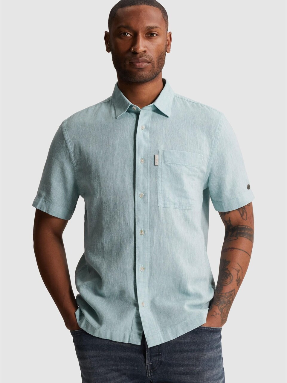 Skjorta 'Shirt with short sleeves in cotton/linen twill'