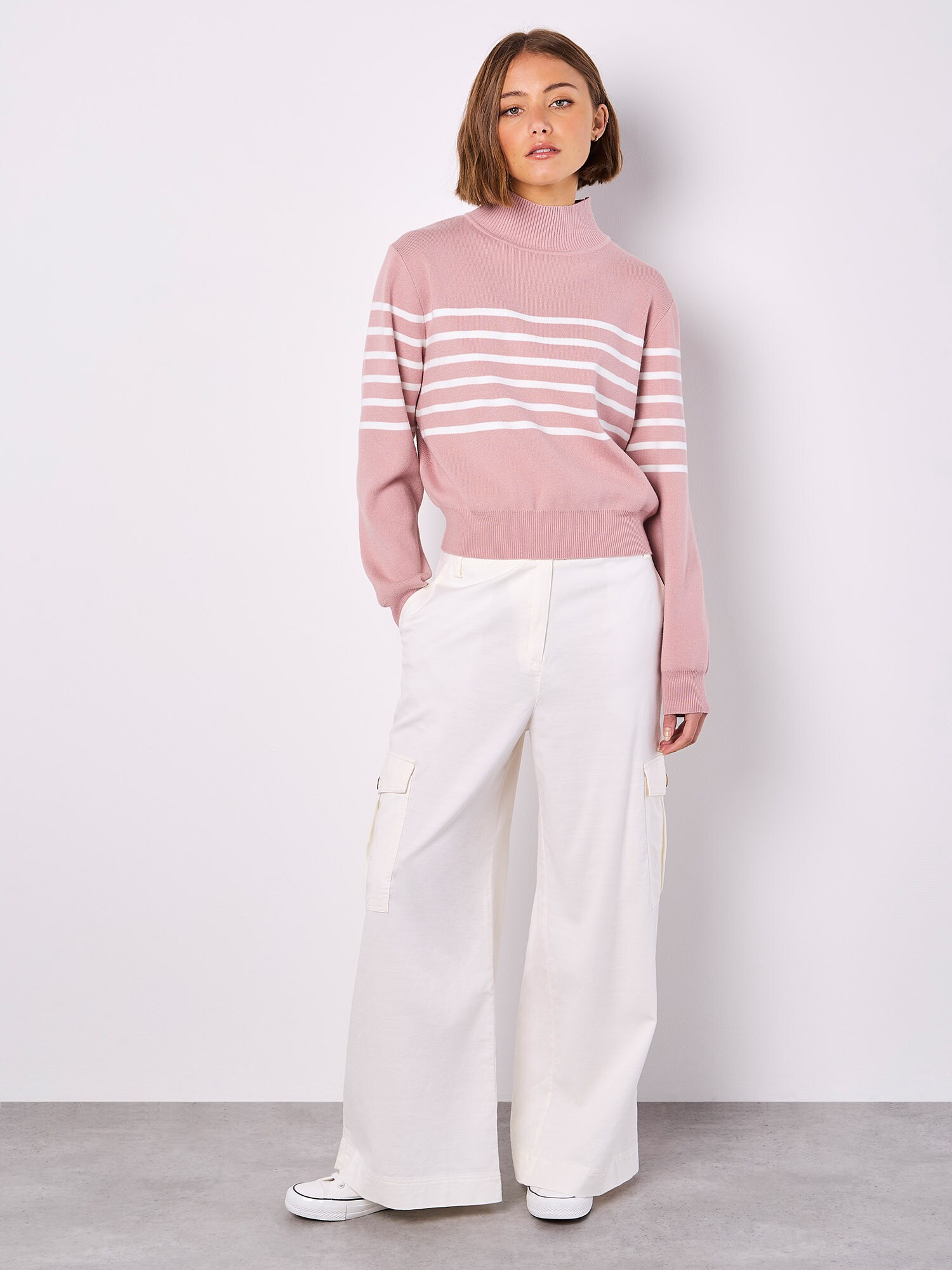 Thumbnail - Apricot Mock Neck Stripe Jumper