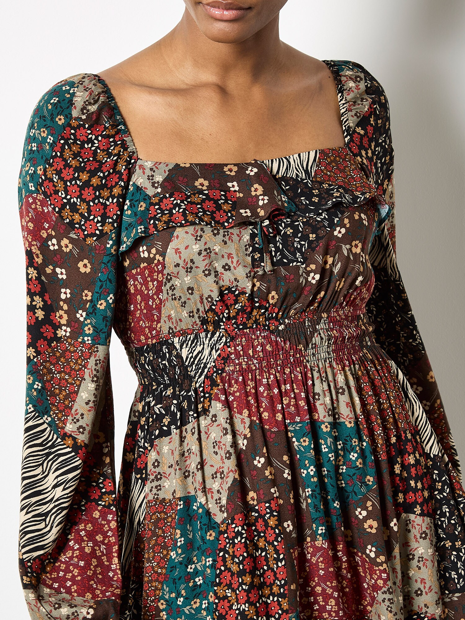 Thumbnail - Apricot Patchwork Print Boho Mini Dress