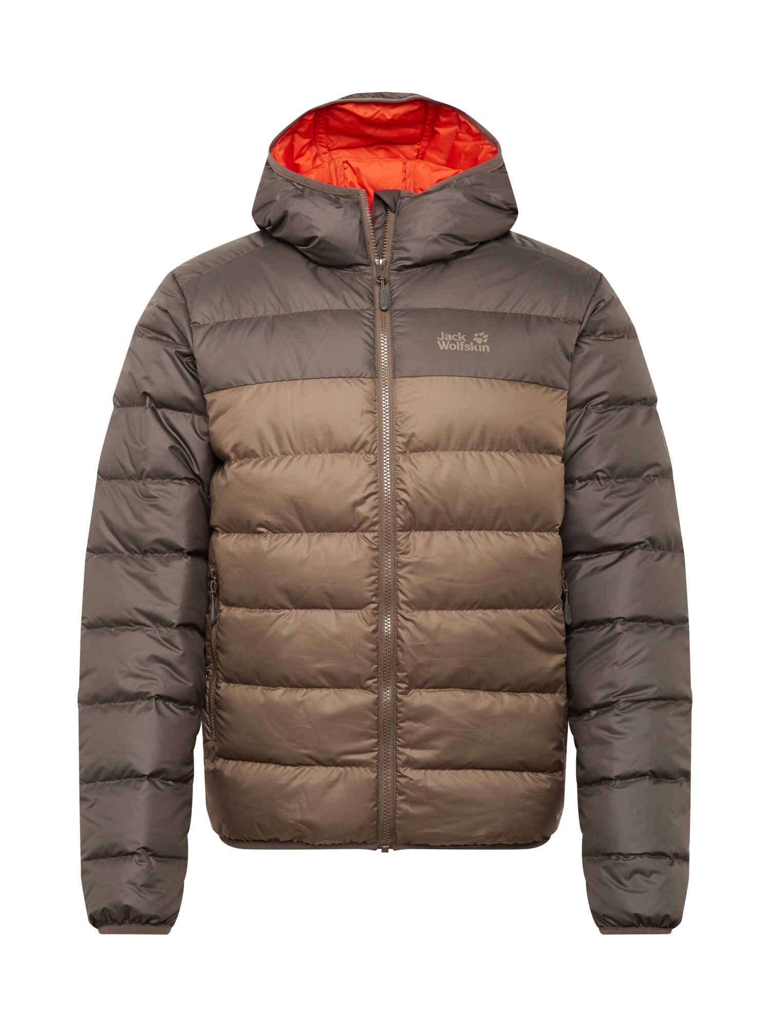 JACK WOLFSKIN Laisvalaikio striukė 'Helium'  bazalto pilka / alyvuogių spalva / tamsiai oranžinė