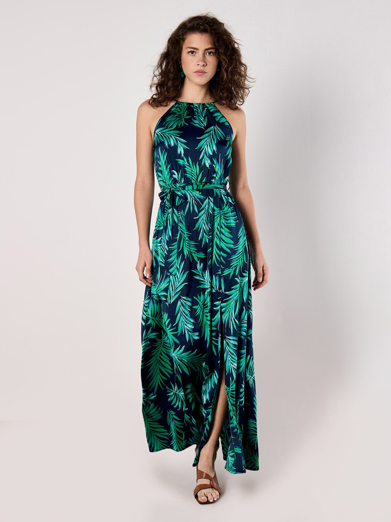 Thumbnail - Apricot Tropical Leaf Satin Halter Neck Maxi Dress