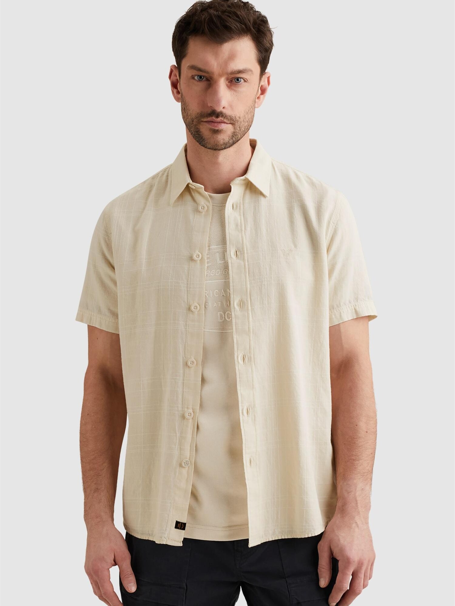 Pme Legend Overhemd 'Shirt With Short Sleeves And Check Texture' Beige