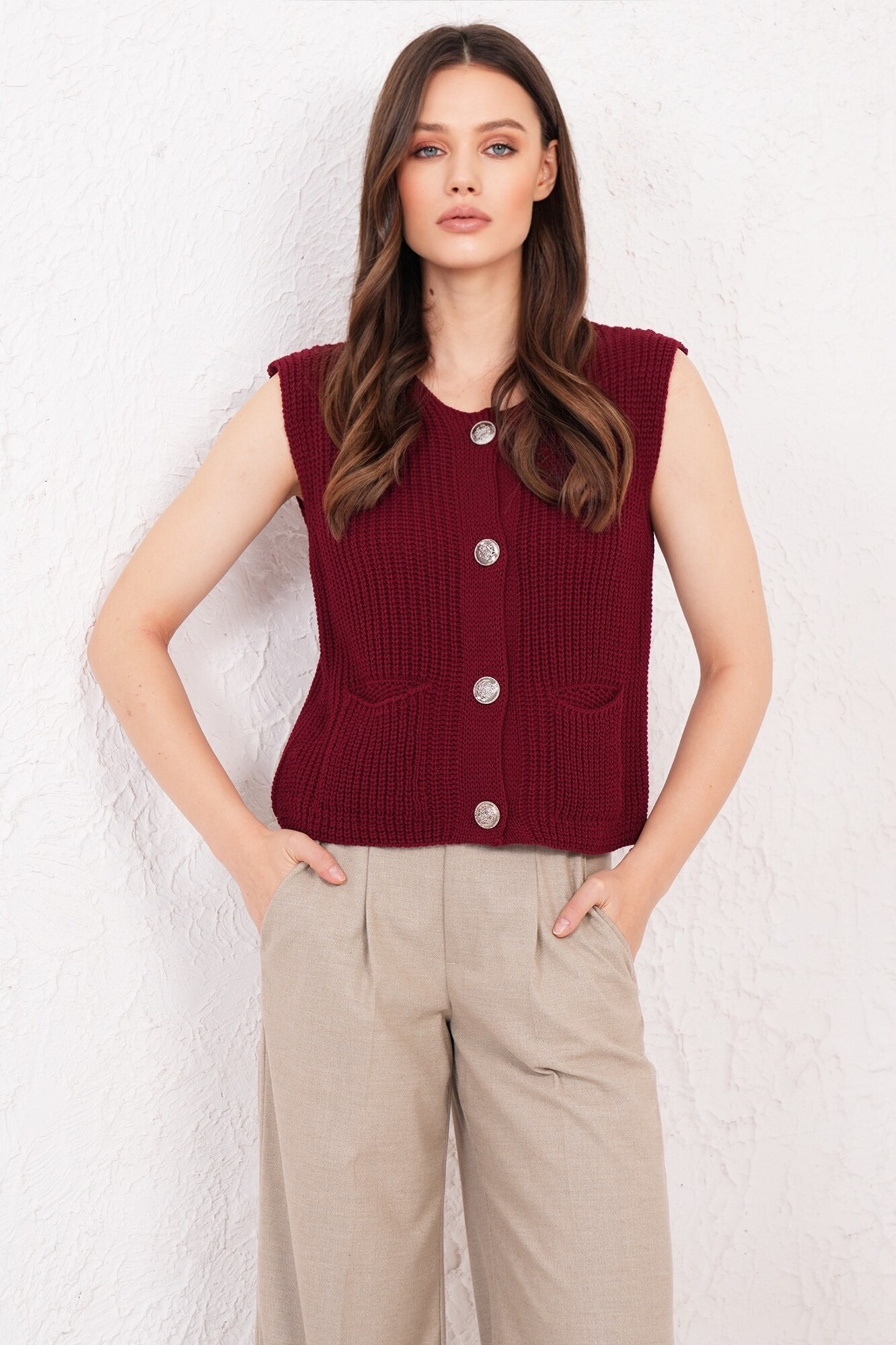 Trend Alaçatı Stili Vestă tricotată roșu bordeaux